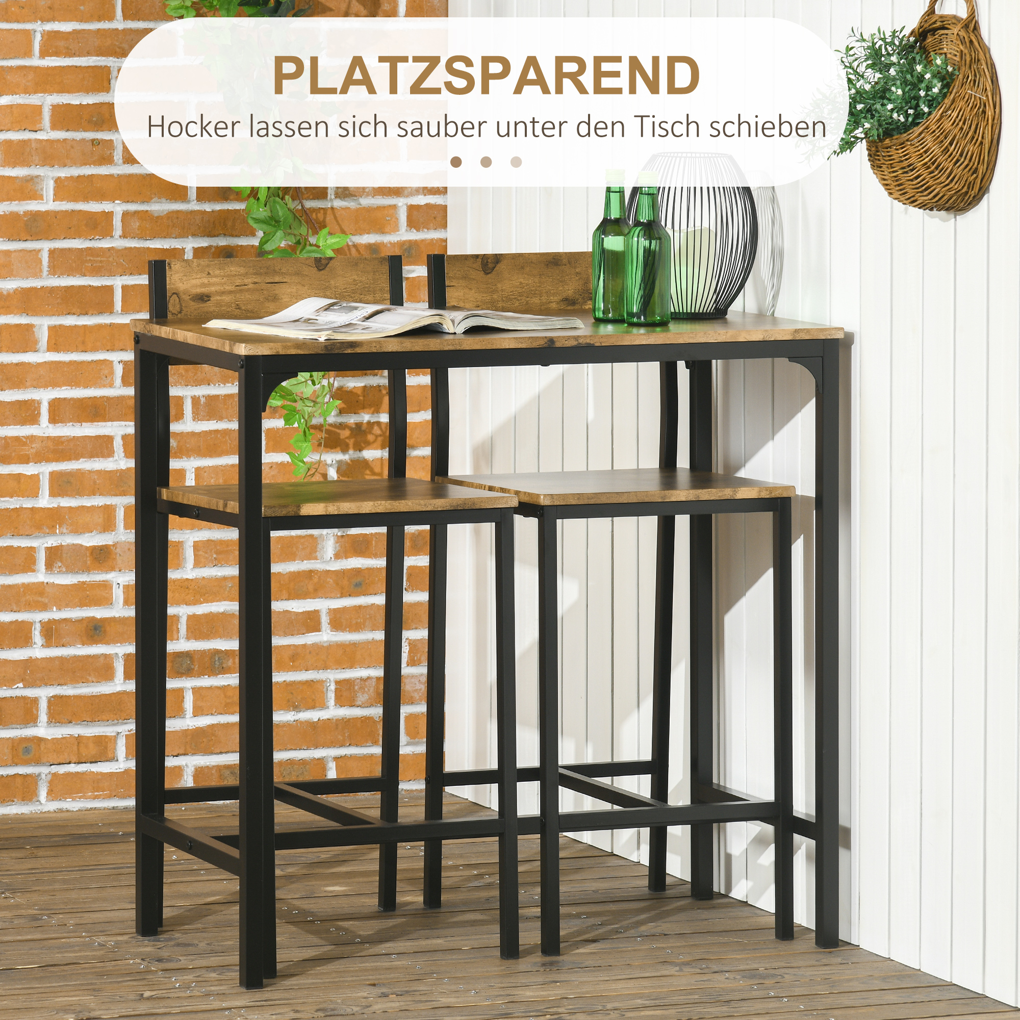 3-osaline baarikomplekt, seisev laud, 2 tooli, MDF, metallraam, veekindel, pruun