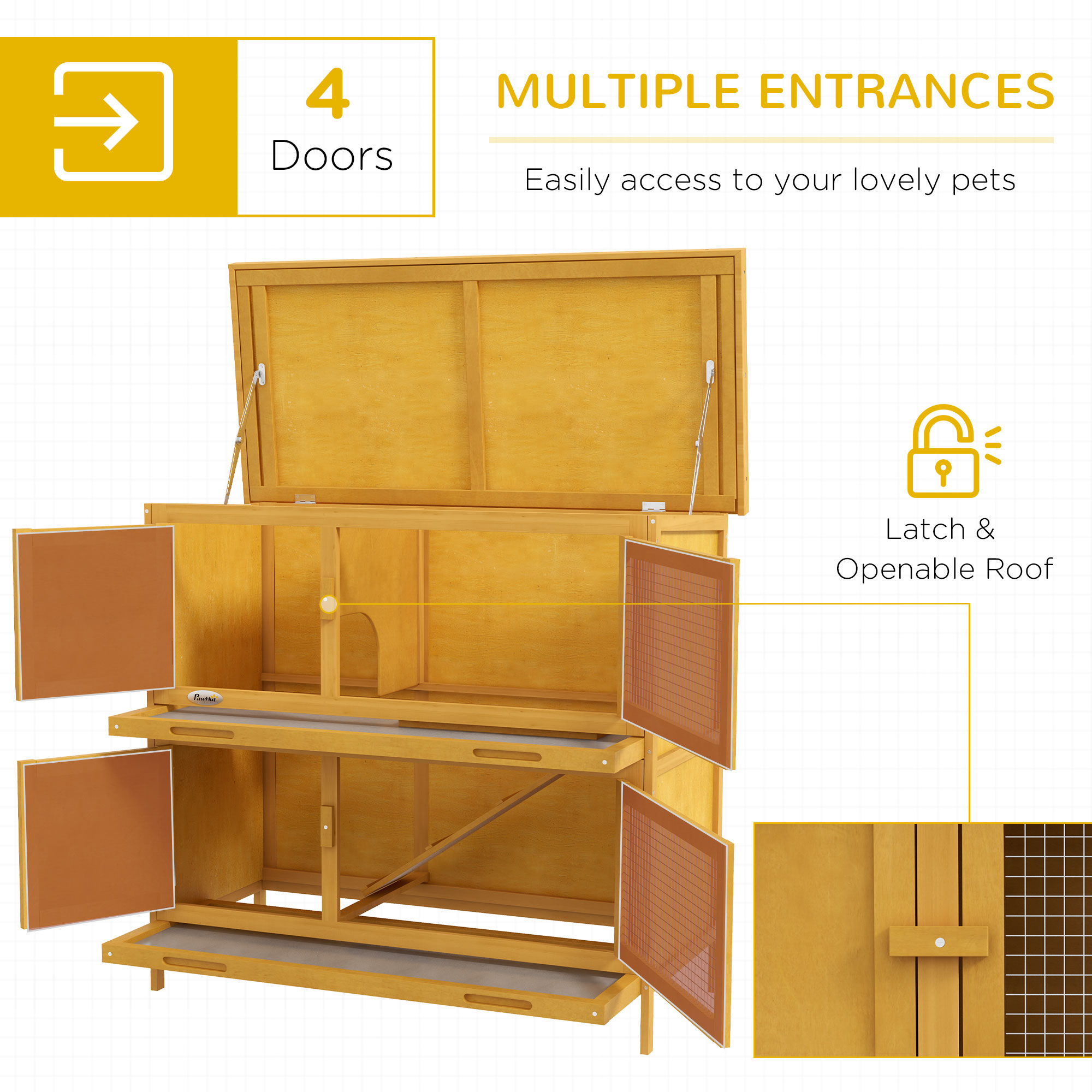 PawHut Double Decker Rabbit Hutch 2 Tier Guinea Pig House Pet Cage Outdoor with Sliding-out Tray, 97 x 44 x 91cm, Yellow 4