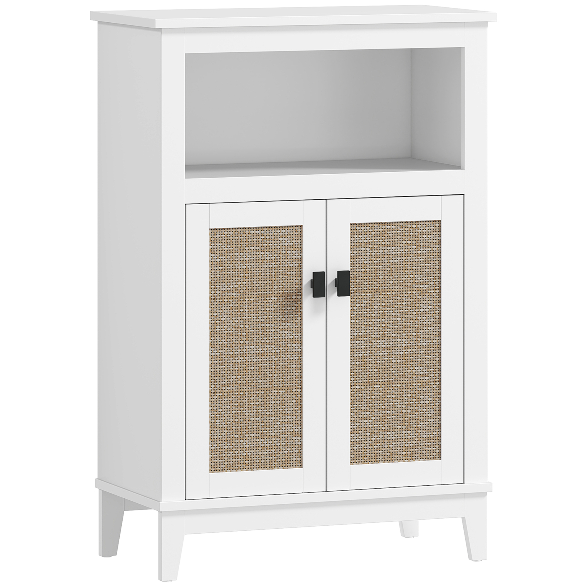 HOMCOM Mueble Auxiliar de Baño con 2 Puertas con Frontal de Ratán Estante Ajustable y Compartimento Abierto 60x30x90 cm Blanco