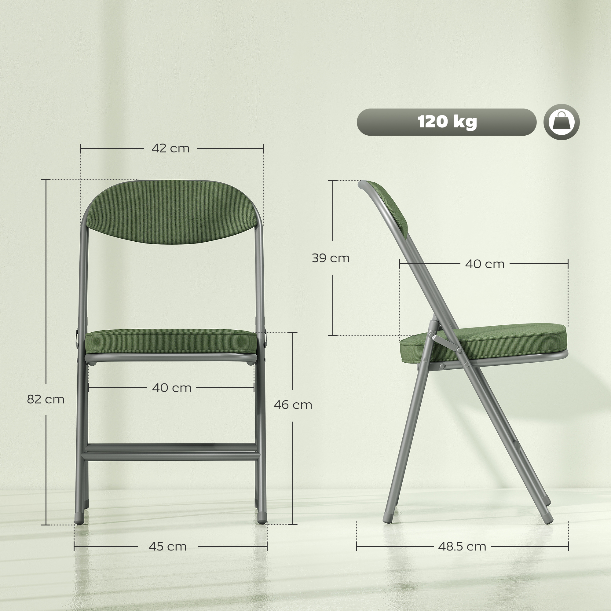 HOMCOM Set of Four Folding Corduroy Seat Chairs Green 3