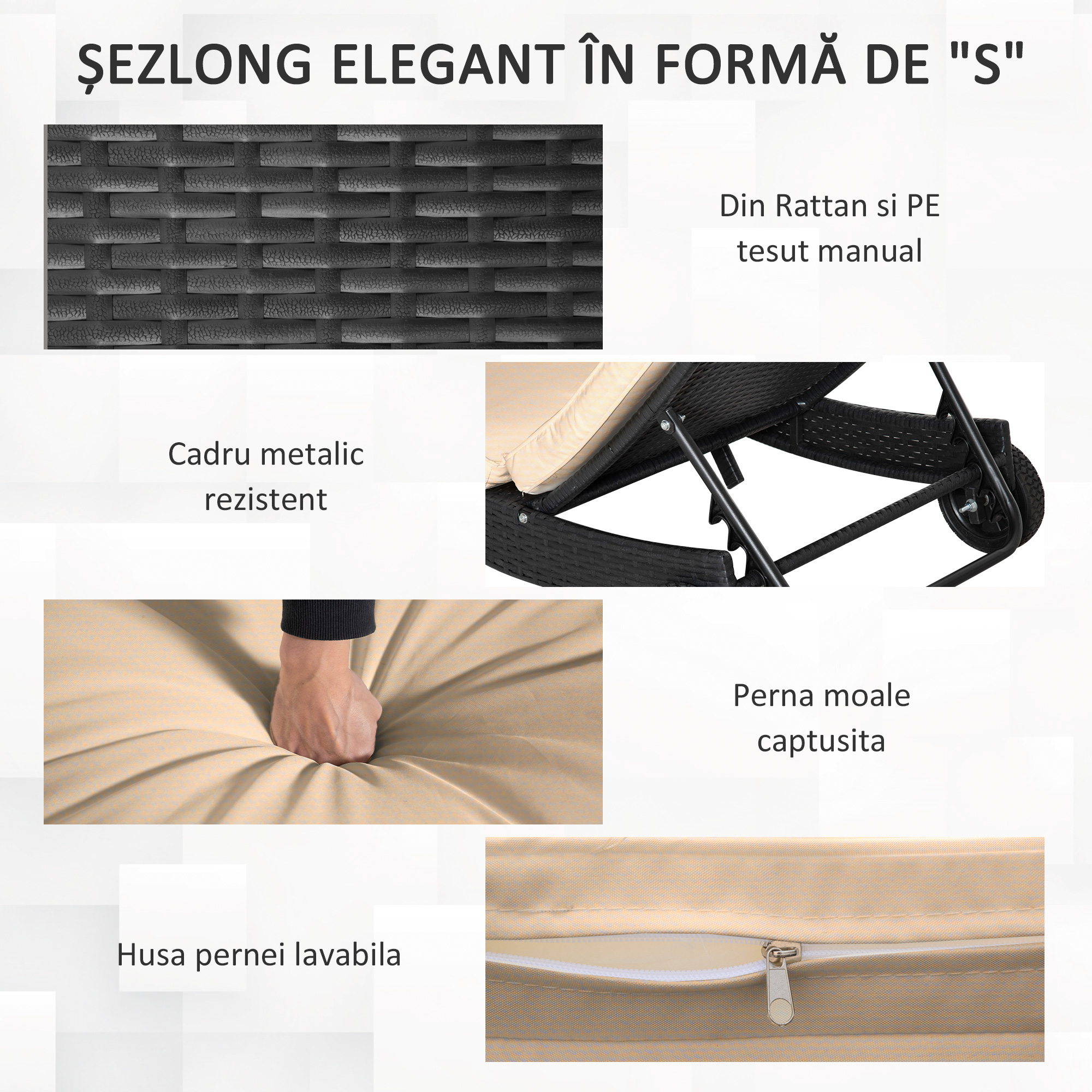  Sezlong de Gradina din Ratan PE, Pat Sezlong cu Spatar Reglabil si Perna Captusita, 207x70x70cm, Negru [5]
