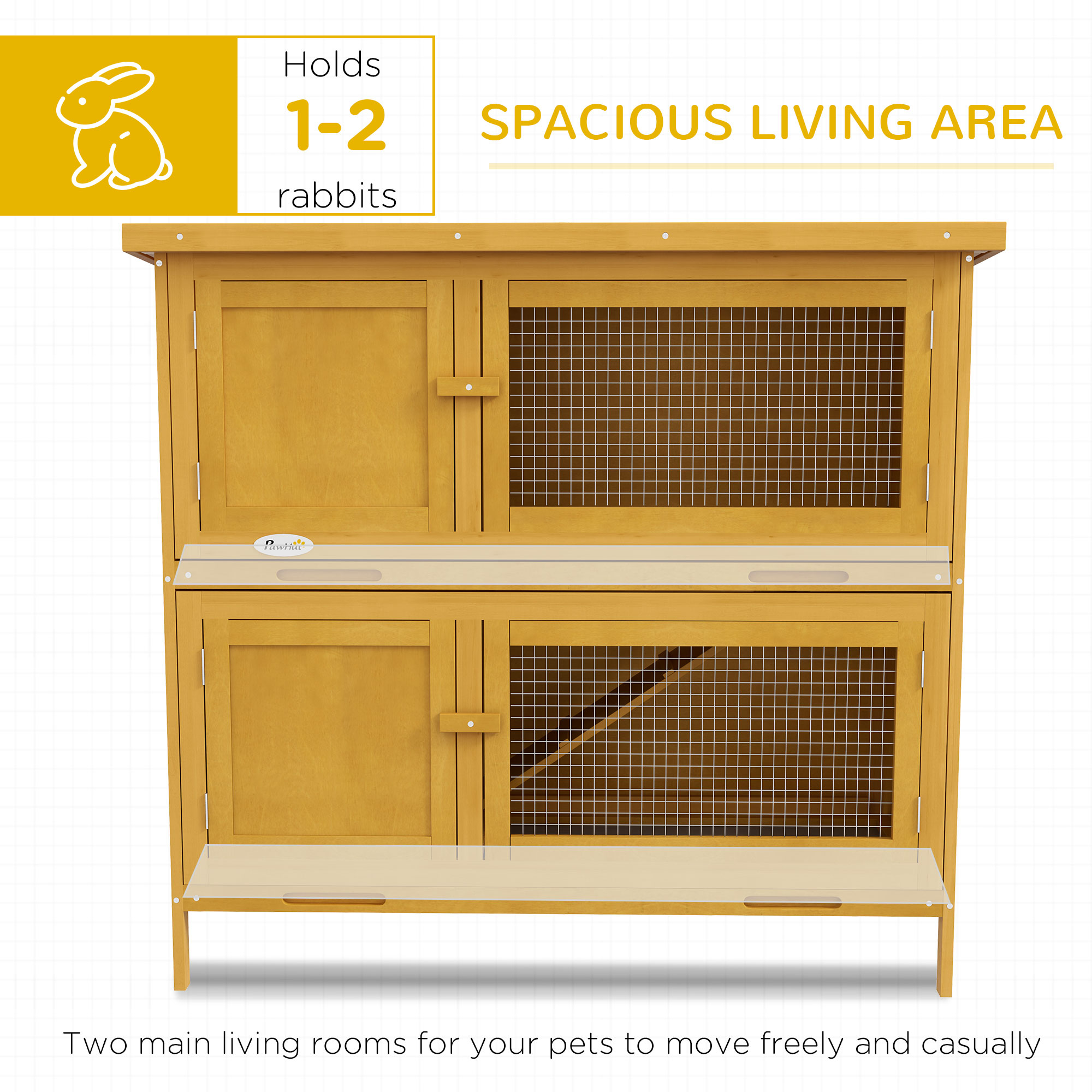 PawHut Double Decker Rabbit Hutch 2 Tier Guinea Pig House Pet Cage Outdoor with Sliding-out Tray, 97 x 44 x 91cm, Yellow 5