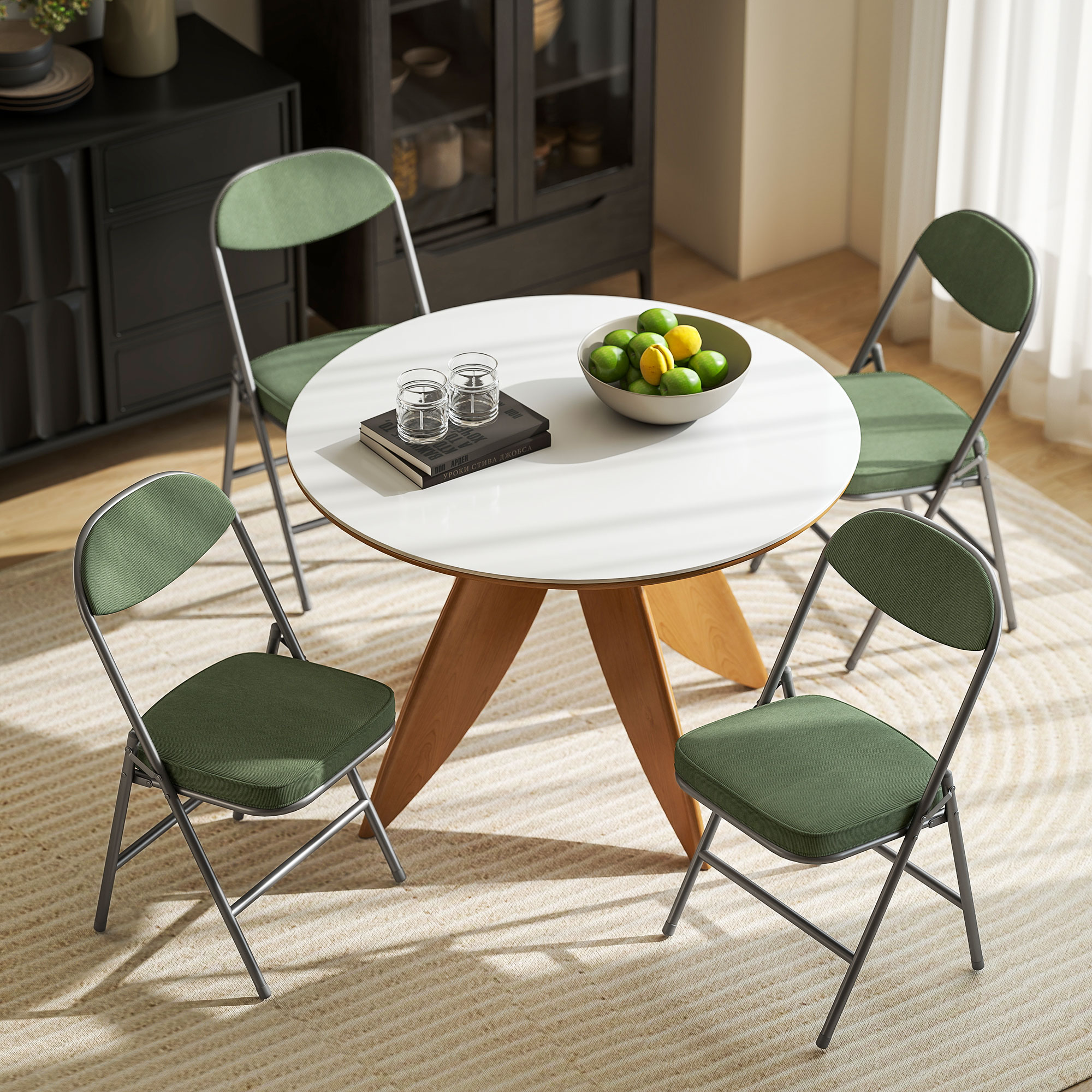 HOMCOM Set of Four Folding Corduroy Seat Chairs Green 8
