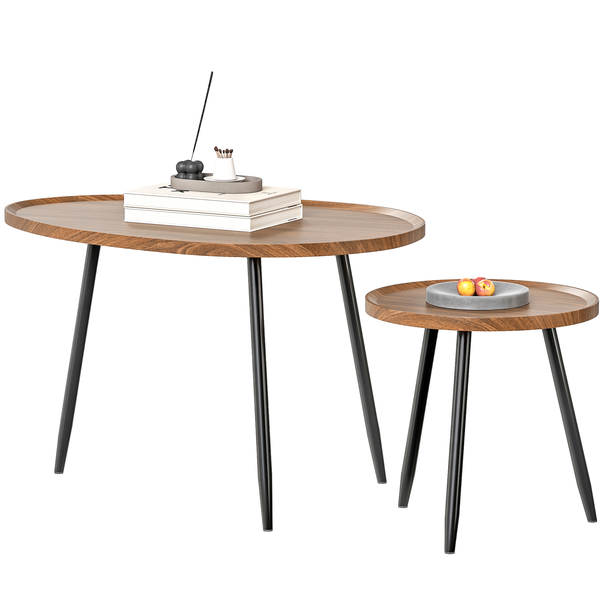 HOMCOM Set von 2 stapelbaren Beistelltischen Nesttische Couchtische Modernes Design mit Metallgestell für Wohnzimmer Schlafzimmer Büro 80x55x49 cm und Ø40x39 cm Holzoptik und Schwarz Aosom