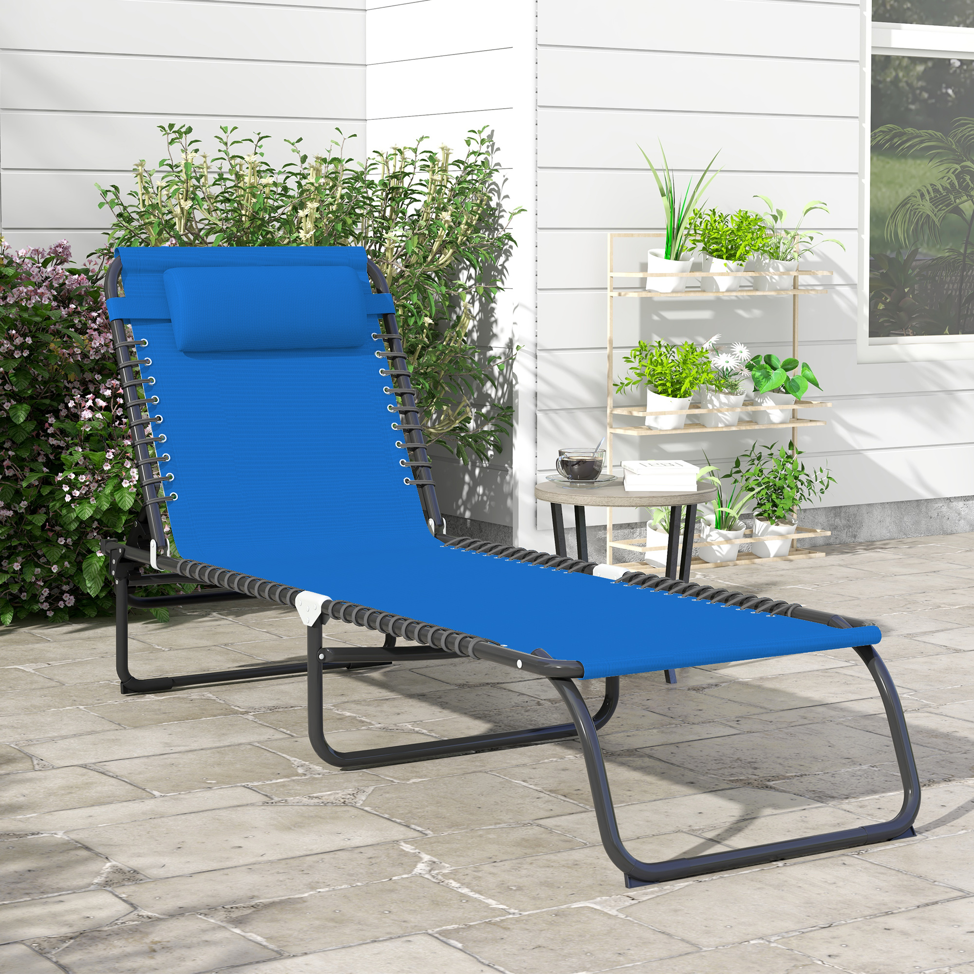 Outsunny Foldable Sun Lounger, Outdoor 4 Level Adjustable Backrest Reclining Chaise Chair, Steel Frame Recliner Chair for Camping, Hiking, Navy Blue 2