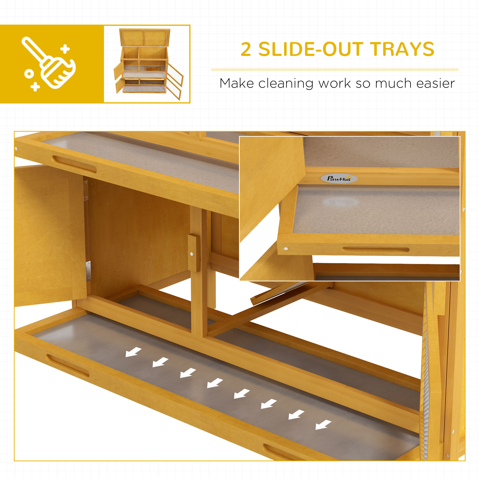 PawHut Double Decker Rabbit Hutch 2 Tier Guinea Pig House Pet Cage Outdoor with Sliding-out Tray, 97 x 44 x 91cm, Yellow 6