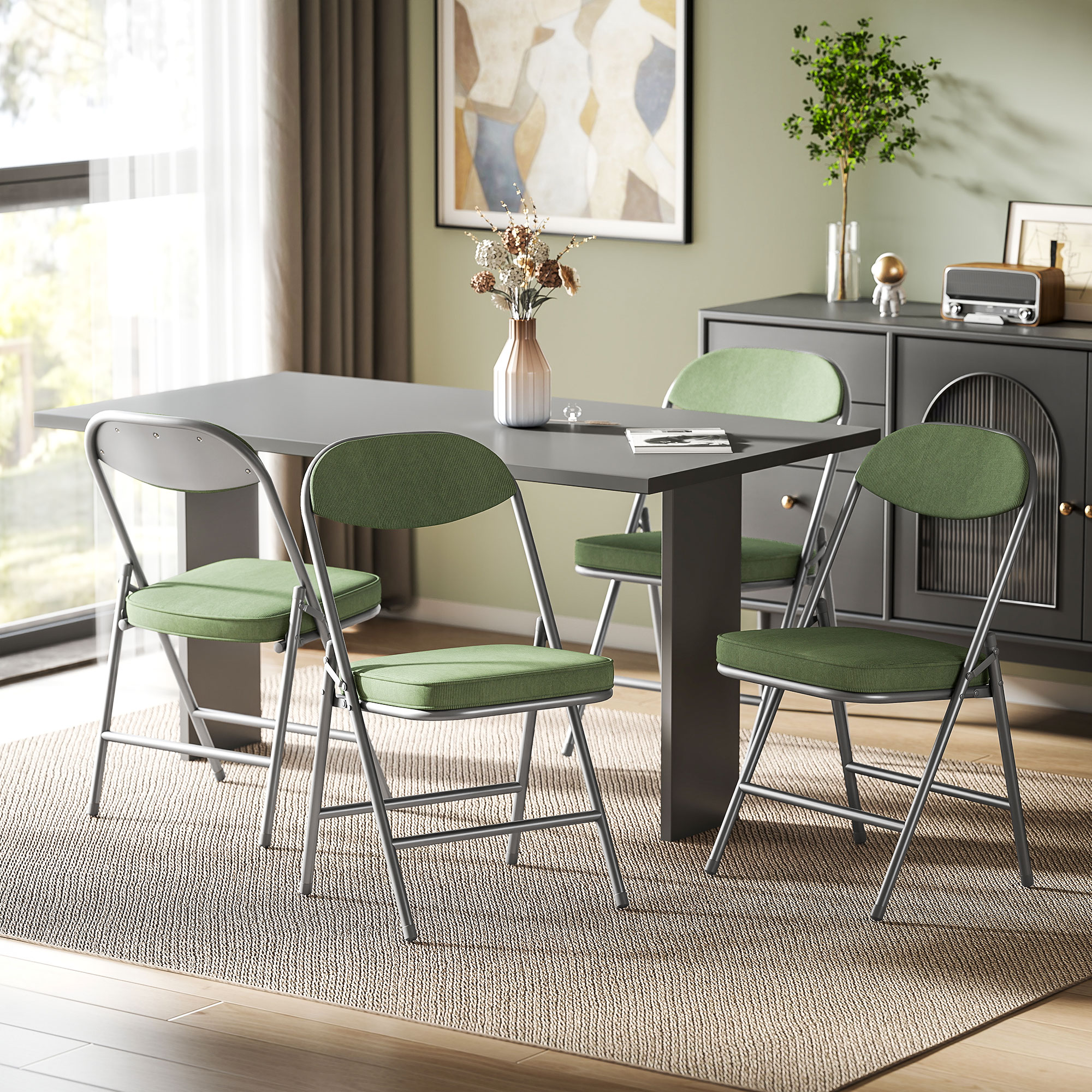 HOMCOM Set of Four Folding Corduroy Seat Chairs Green 2
