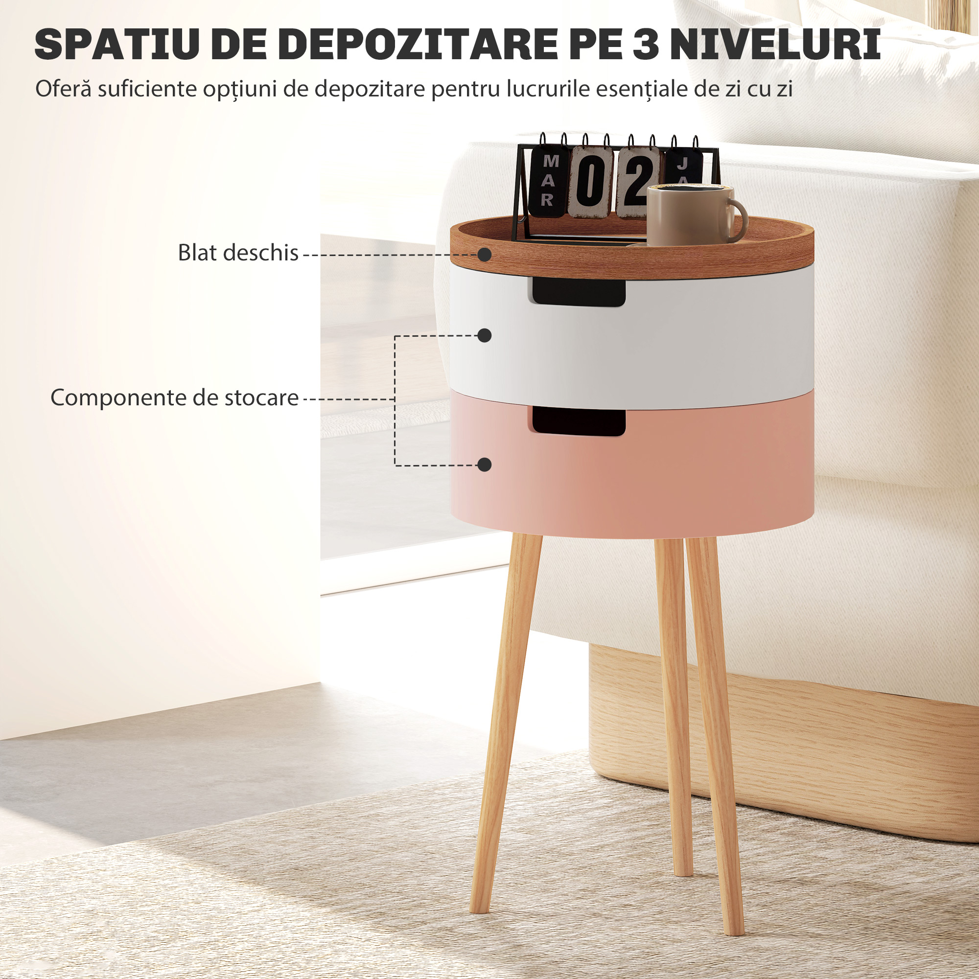  Set 2 Masute de Cafea pe 3 Nivele, cu 2 Compartimente si Blat Superior tip Tava, Multicolor [4]