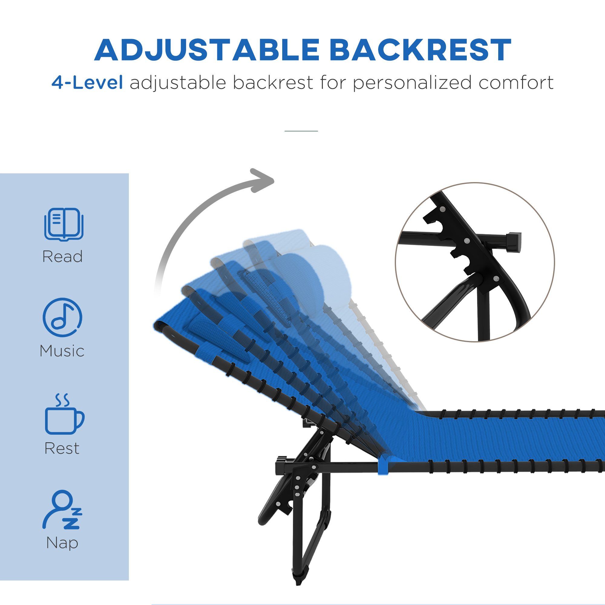 Outsunny Foldable Sun Lounger, Outdoor 4 Level Adjustable Backrest Reclining Chaise Chair, Steel Frame Recliner Chair for Camping, Hiking, Navy Blue 4