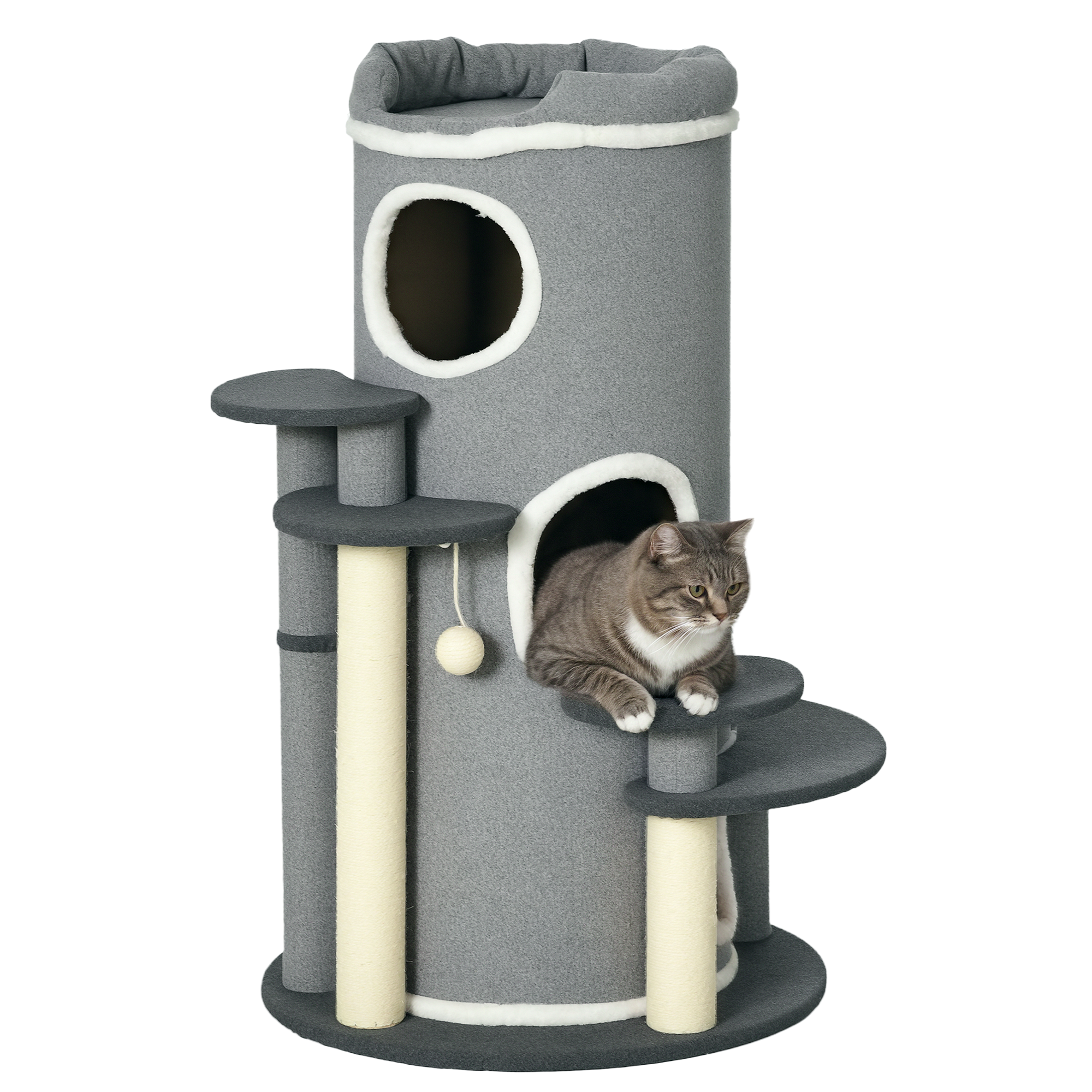 PawHut Barrel Shaped Cat Tree with Sisal Scratching Posts, Cat Bed