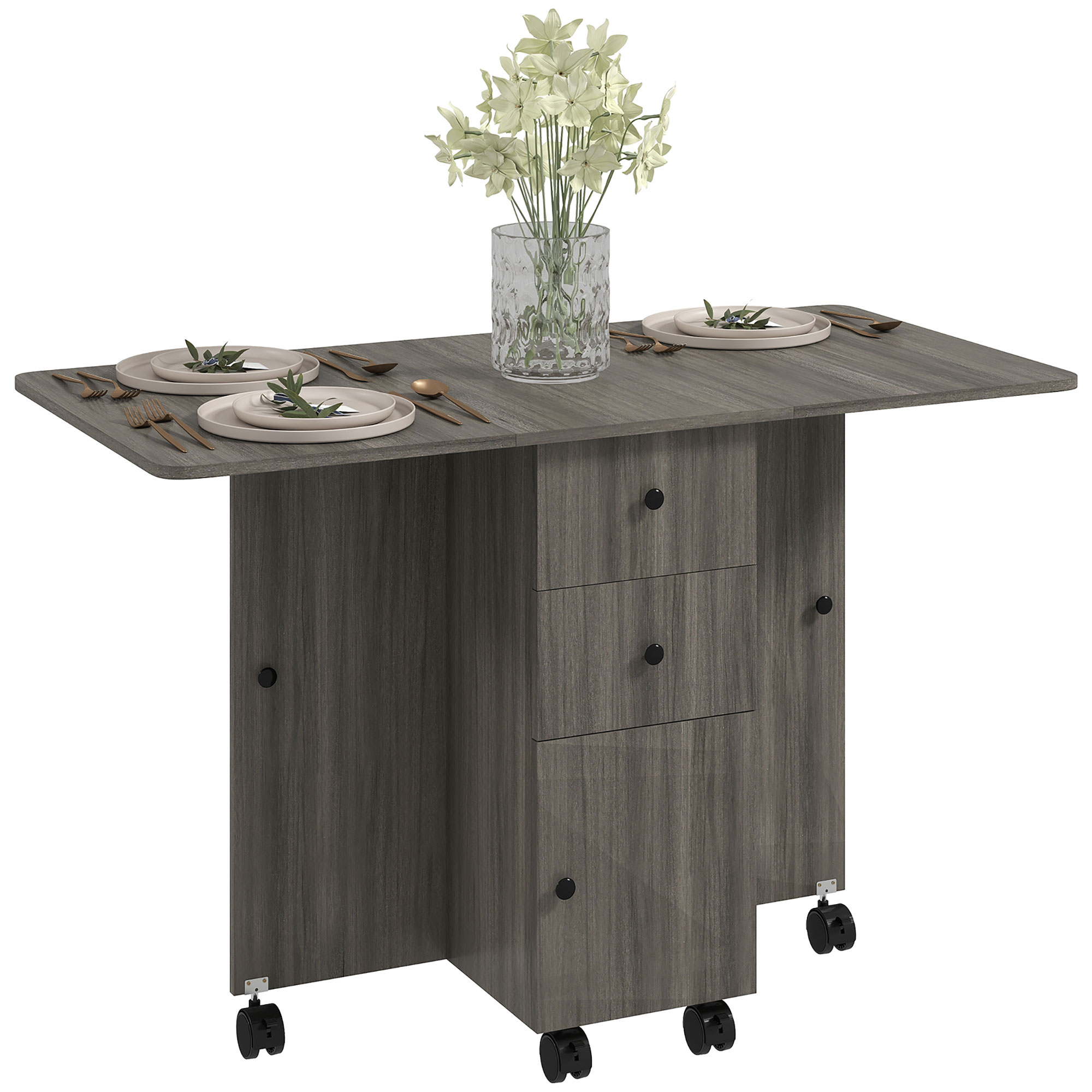 HOMCOM Tavolo a Ribalta a 6 Rotelle con 2 Cassetti e Armadietto ad Ante, in Legno, 120x60x76.5 cm, Grigio   Aosom Italy