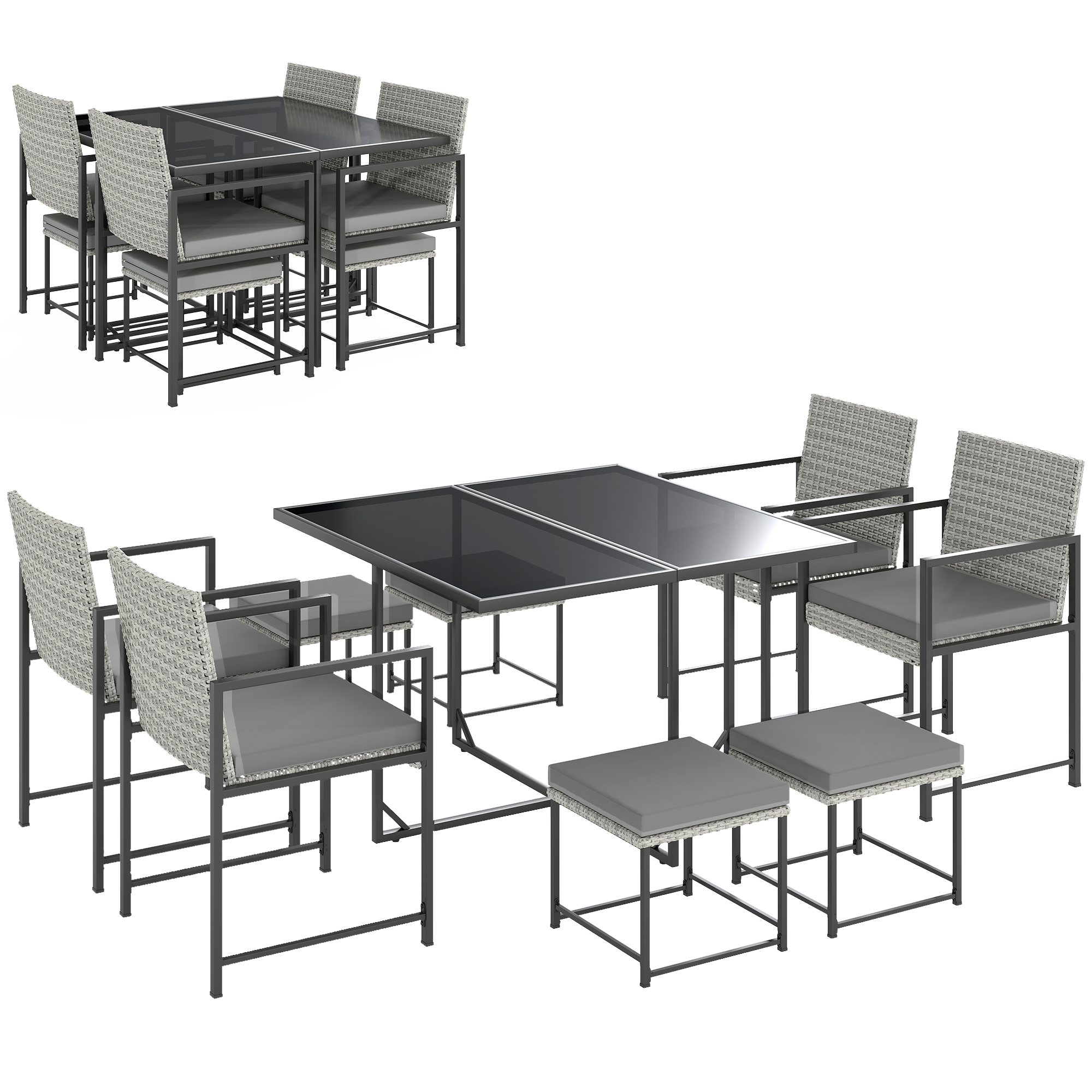 Outsunny Conjunto de Jardín Exterior de 9 Piezas de Ratán Sintético con Mesa de Vidrio 4 Sillas y 4 Taburetes con Cojines Gris