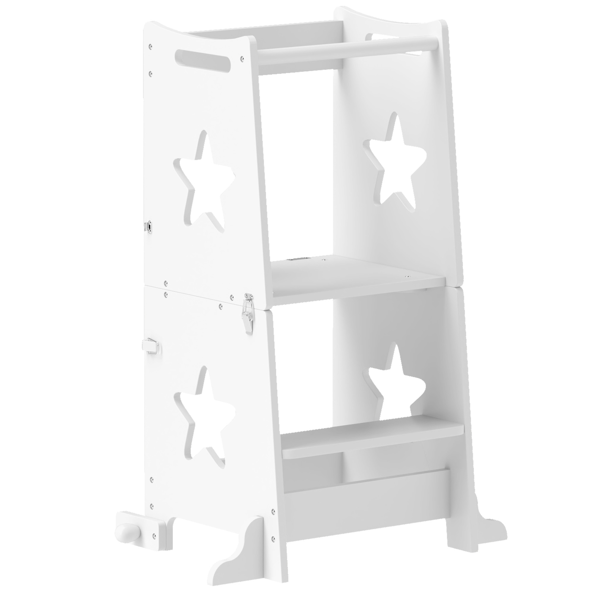 AIYAPLAY Torre de Aprendizaje 2 en 1 Convertible en Mesa y Silla con Barra de Seguridad 60x44,5x86 cm Blanco