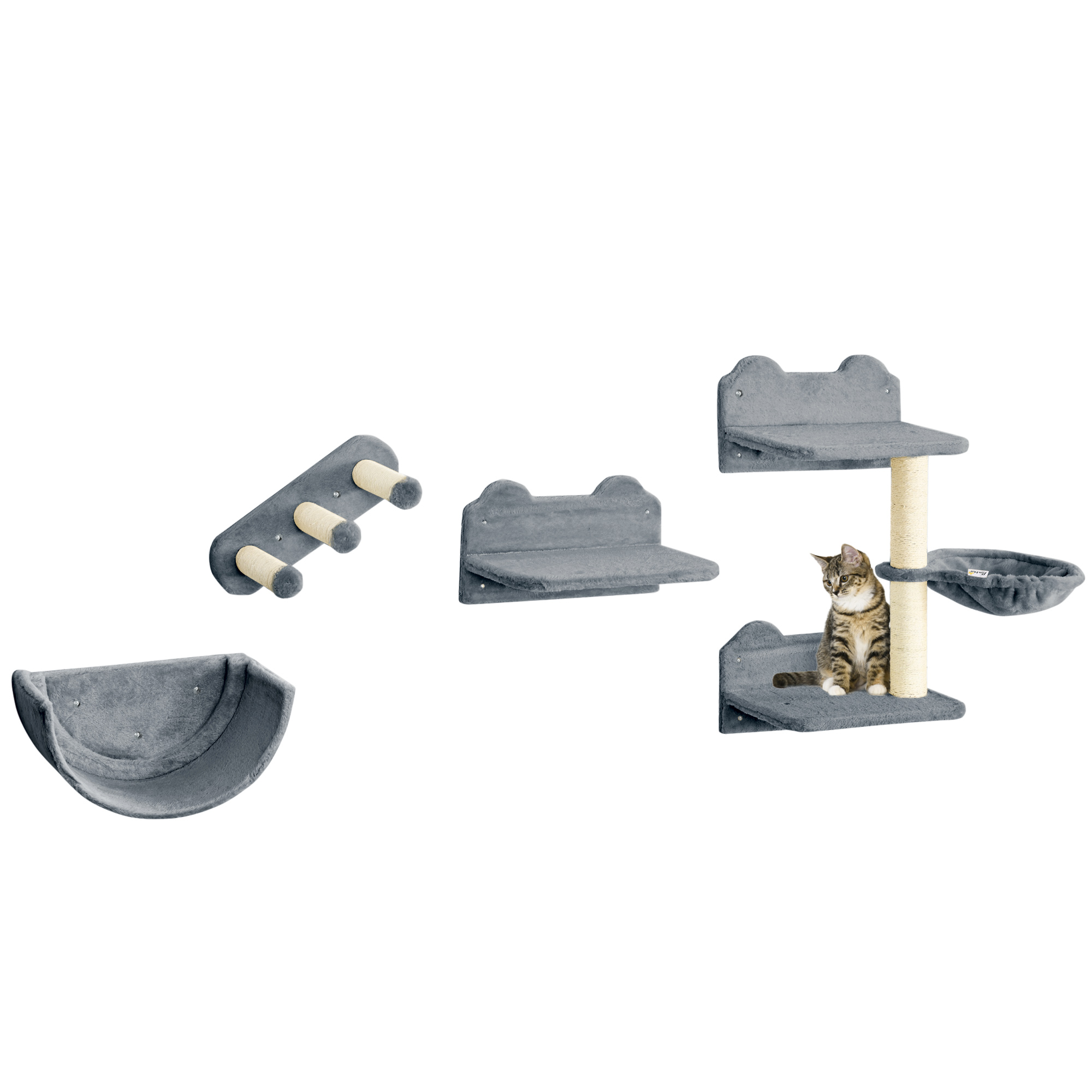 PawHut 4PCs Wall-Mounted Cat Shelves w/ Scratching Post, Hammock, Nest - Dark Grey