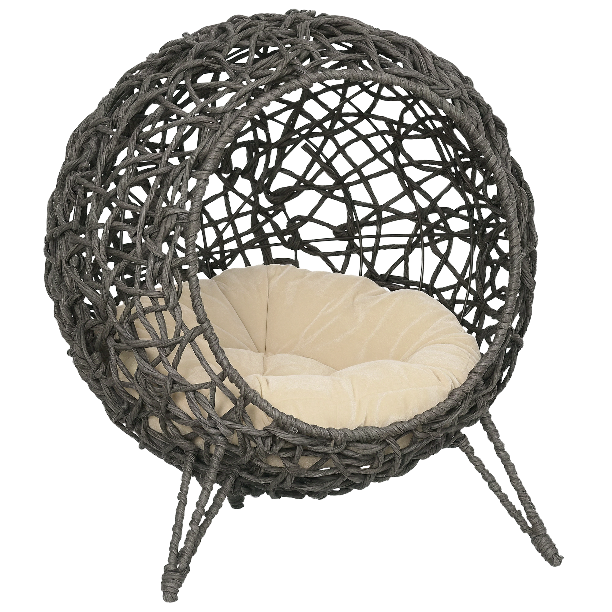 PawHut Cama Cueva de Ratán para Gatos o Mascotas Pequeña con Base Trípode Cojín de Felpa y Algodón Suave Diseño Elevado Estable Φ52x58 cm Gris