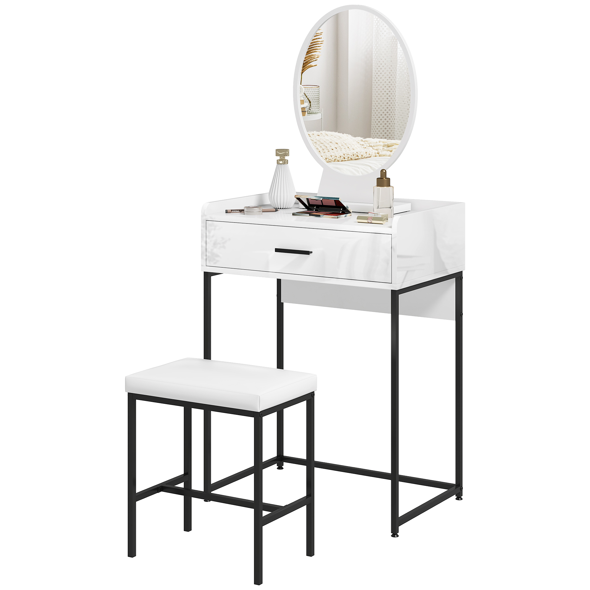 HOMCOM Ensemble Coiffeuse avec Miroir de Maquillage, Tiroir et Tabouret Rembourré, Blanc