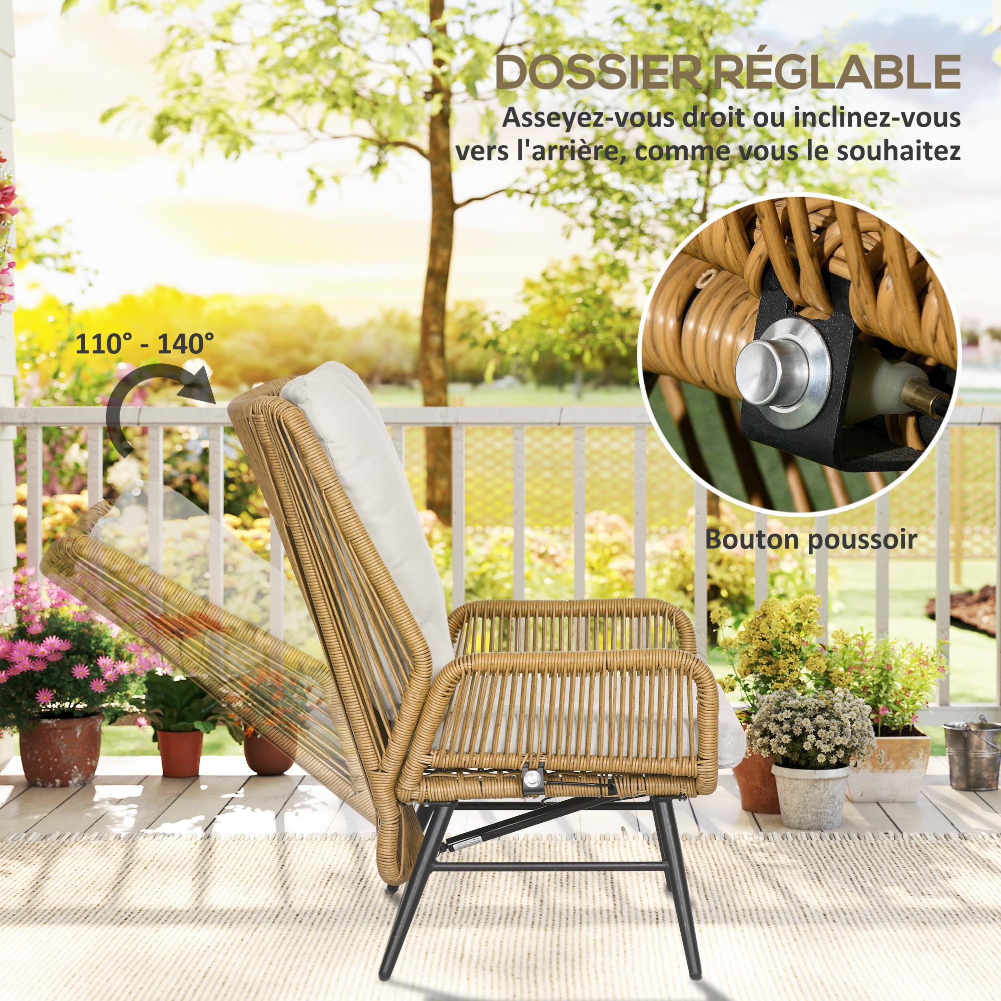 Fauteuil Jardin Inclinable En Rotin PE Noir Avec Repose-Pieds - Meuble Extérieur Avec Coussin - Charge 110kg