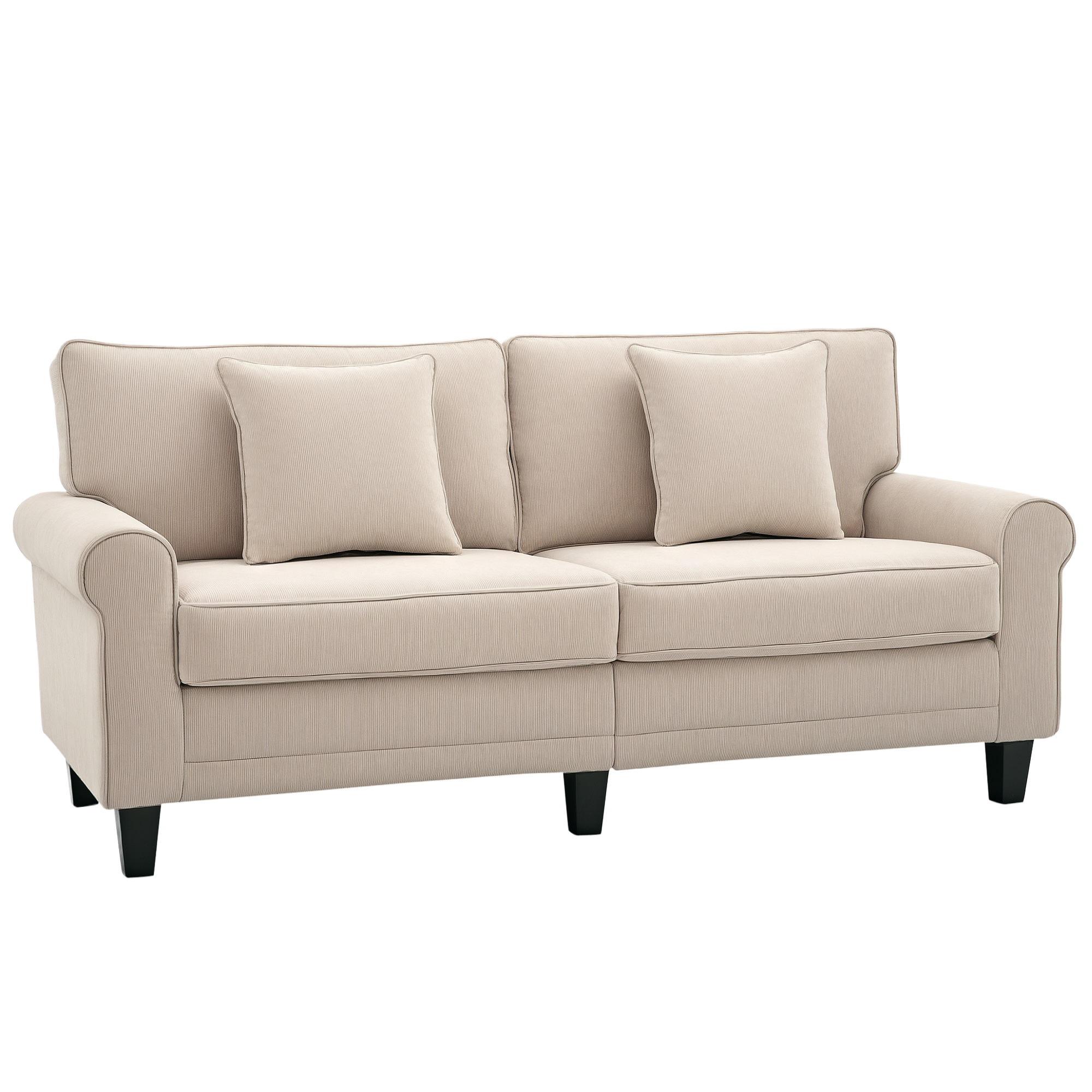 HOMCOM Canapé 3 places en tissu velours côtelé, canapé salon, 197 cm, avec accoudoirs et dossier rembourrées, canapé avec 2 oreillers, pieds en bois massif de pin, pour salon, chambre, bureau, beige