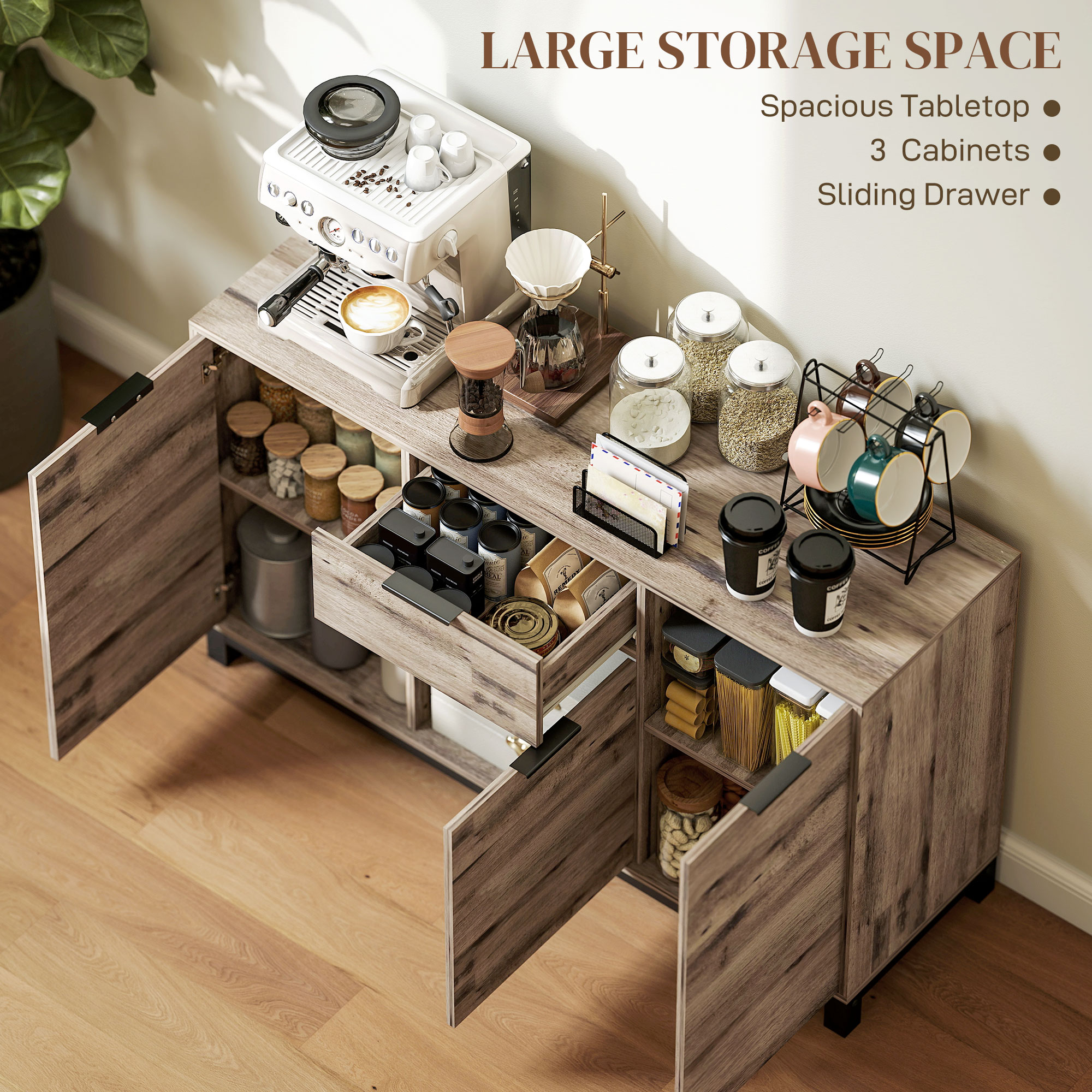  Bufet cu Sertar si 3 Dulapuri cu Rafturi Reglabile, 120x36,5x70 cm, Maro [3]