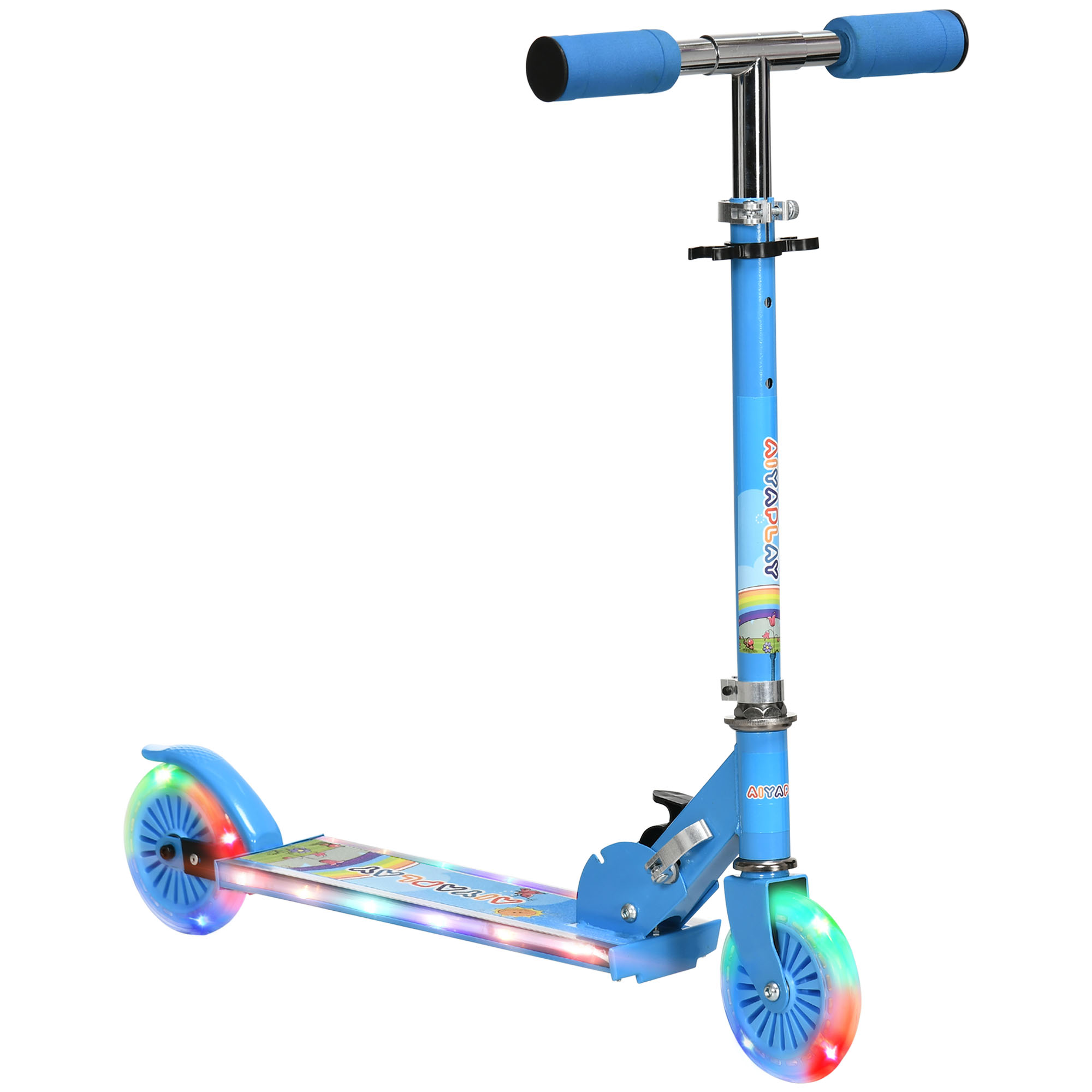 HOMCOM Patinete Infantil Plegable con Luces y Música Altura Ajustable Ruedas LED Azul 67x32x65-78 cm | Aosom España