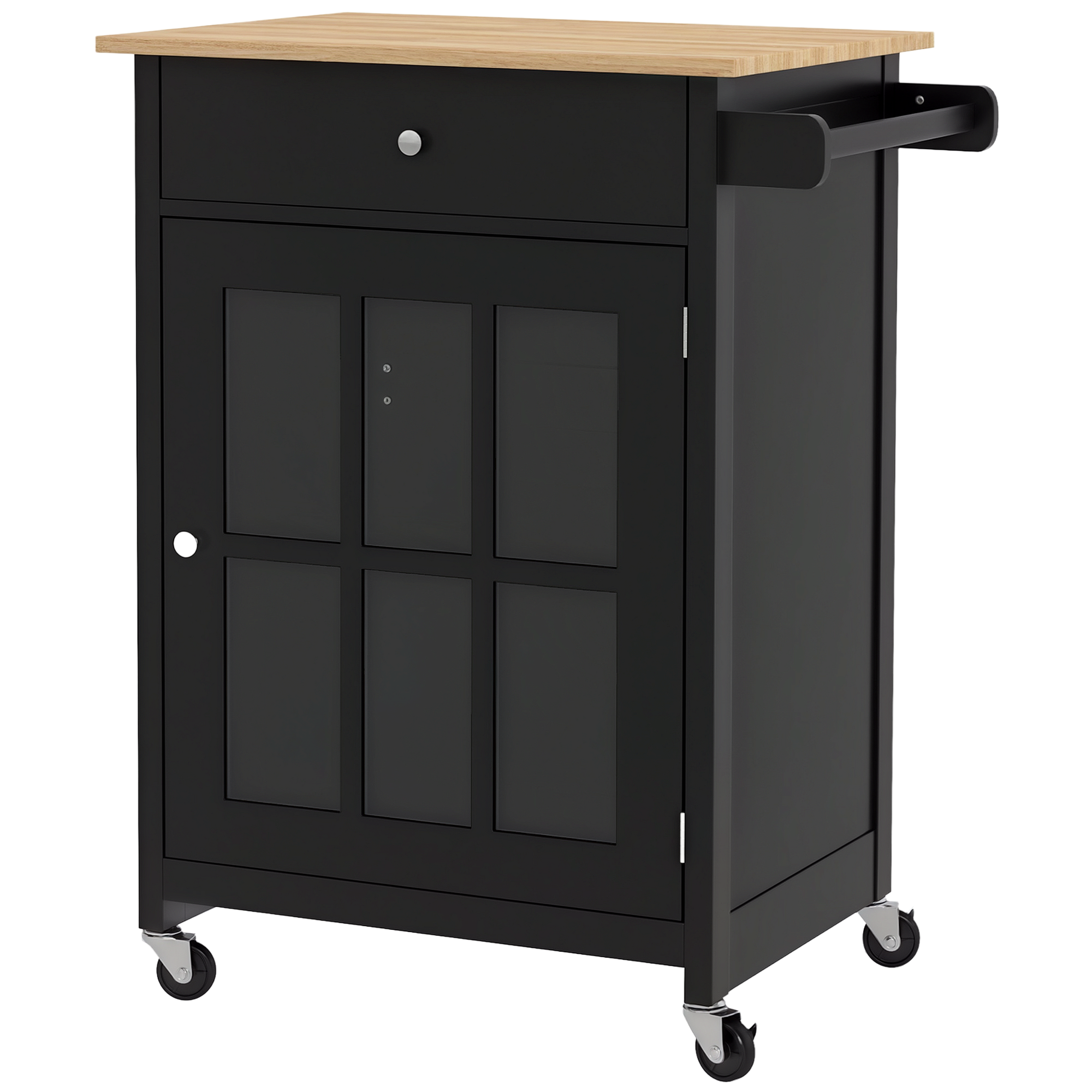 HOMCOM Cărucior de Bucătărie cu Sertar, Raft Reglabil, 4 Roți și Suport Lateral pentru Prosop, 67x48x86,5 cm, Negru | Aosom Romania
