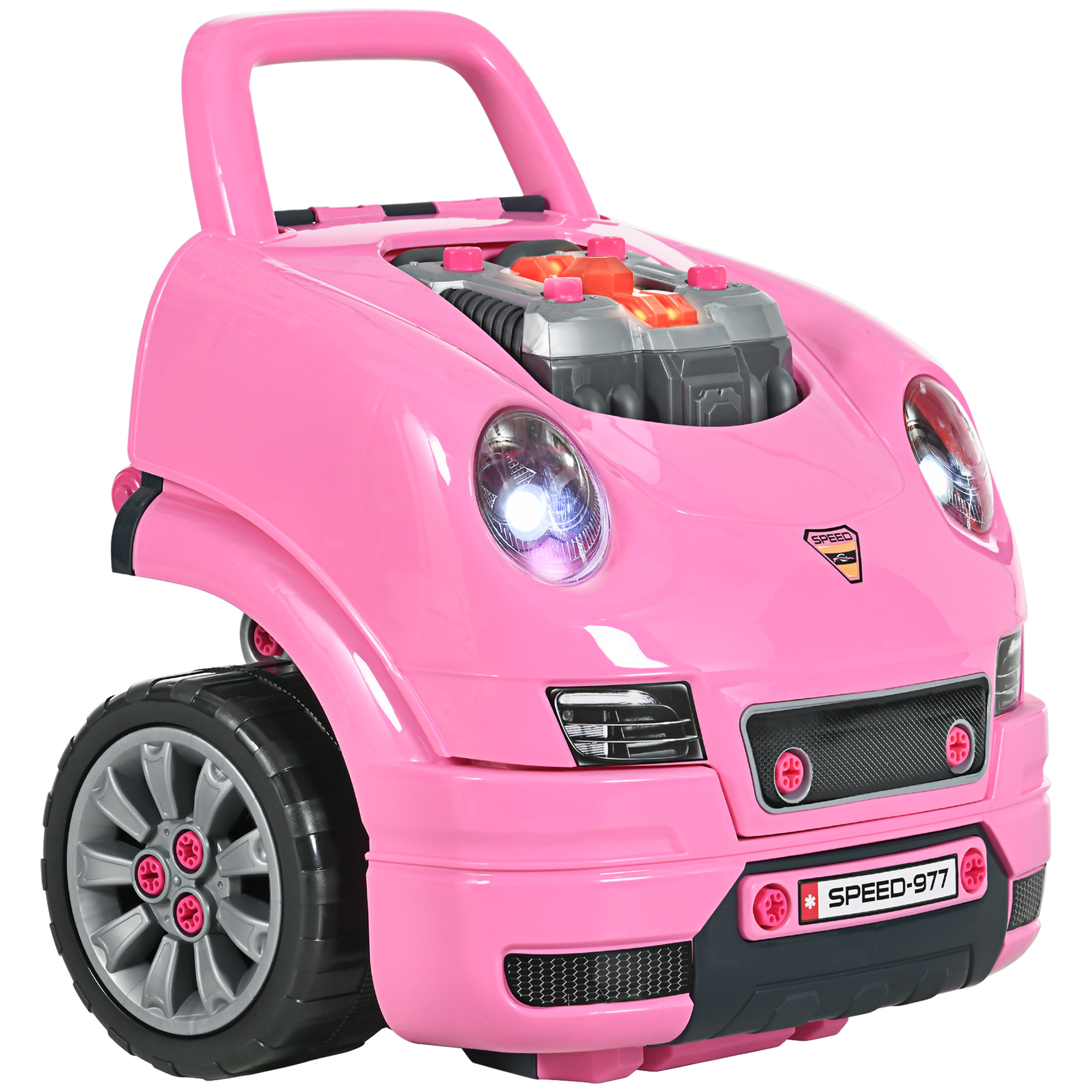 HOMCOM Juego Infantil de Motor con Herramientas 61 Piezas Volante Bocina Faros Caja de Almacenaje y Ruedas 40x39x47 cm Rosa