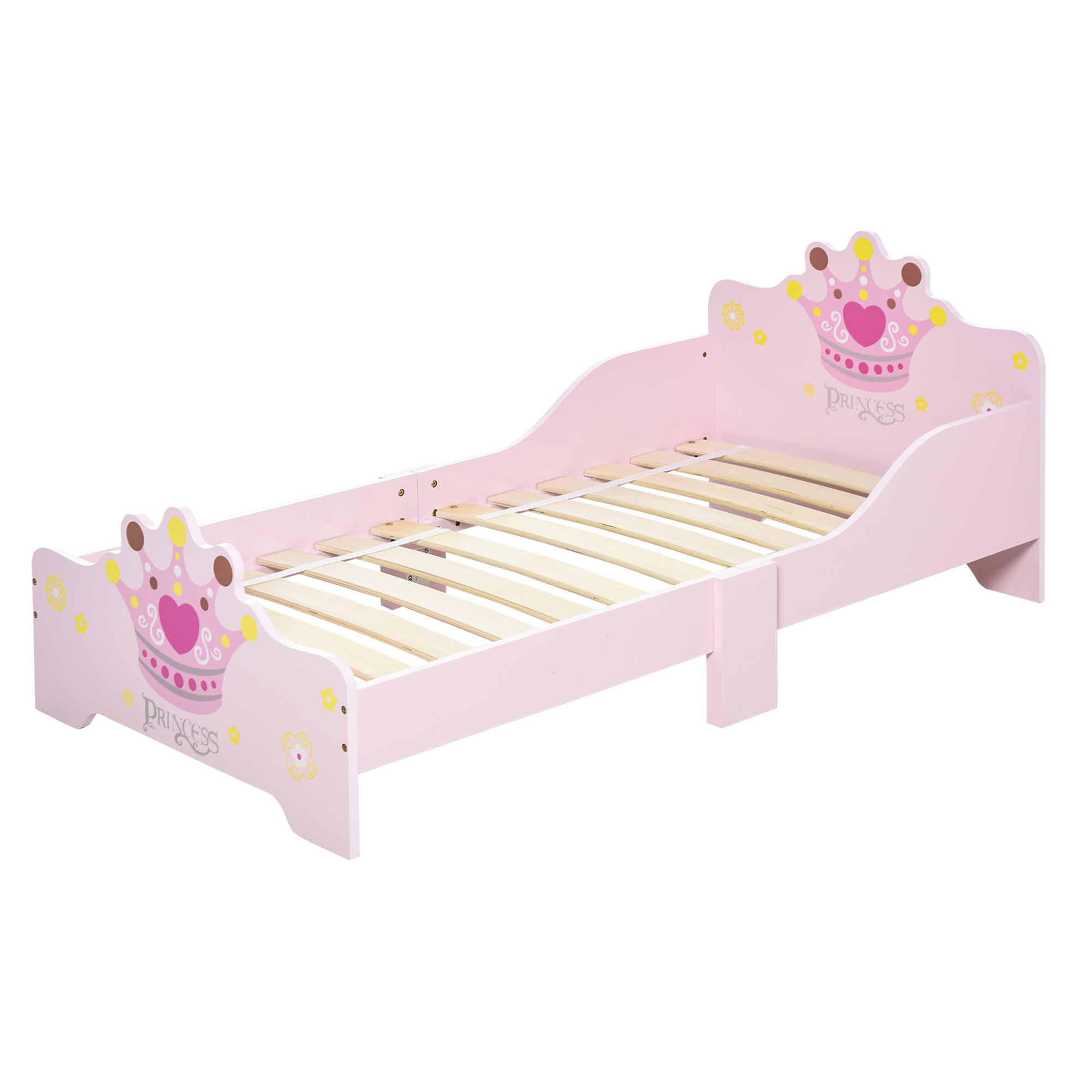 HOMCOM Cama Infantil de +3 Años 143x73x60 cm con Estampado de Corona Carga 50 kg para Dormitorio Rosa | Aosom España