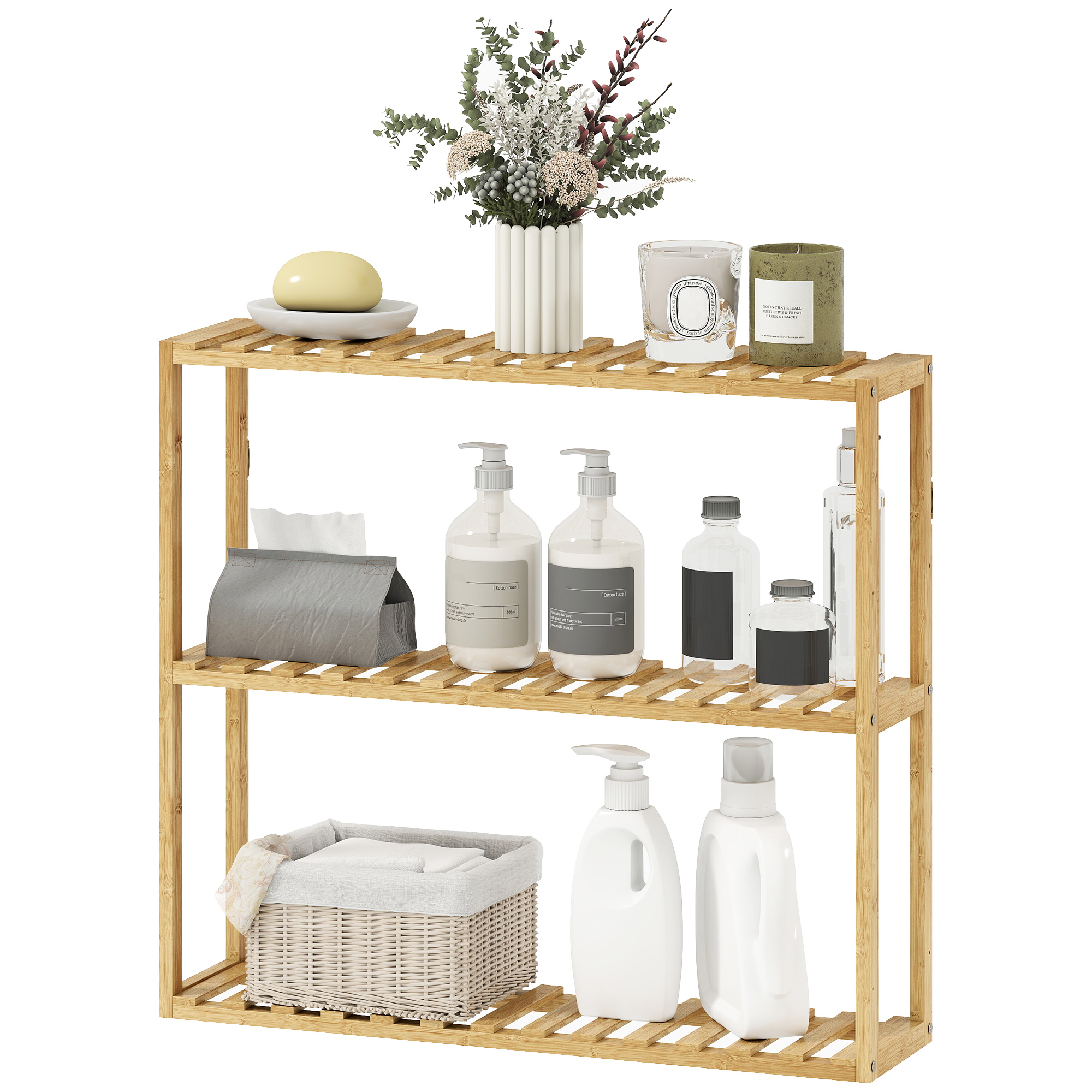 HOMCOM Étagère de rangement en bambou réglable, étagère de salle de bain à 3 niveaux, 60 x 15 x 54 cm, effet bois naturel
