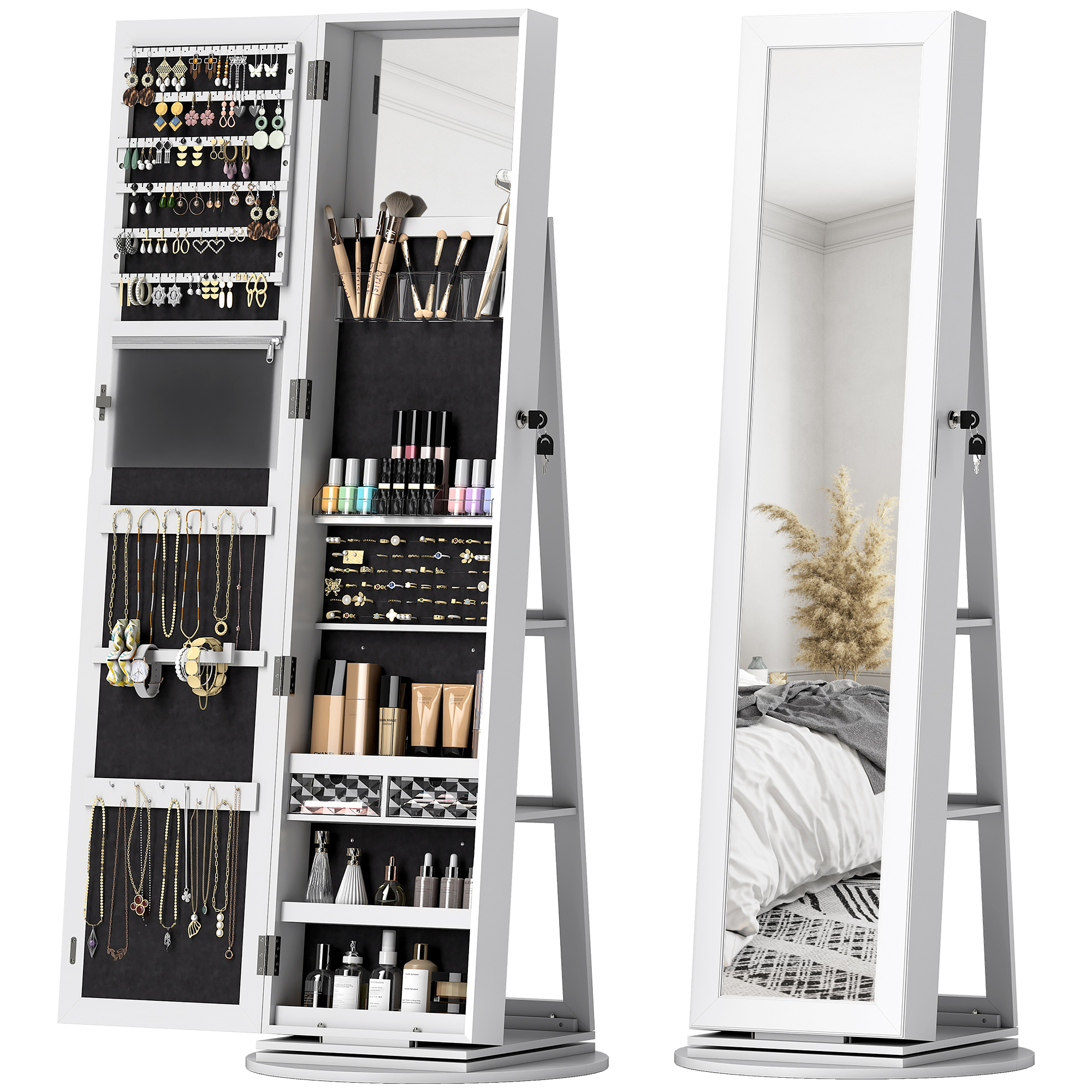 Image of HOMCOM Specchio Portagioie 3 in 1 Girevole a 360°, Ripiani Posteriori e Anta con Chiave, 55x55x161 cm, Bianco Aosom Italy006