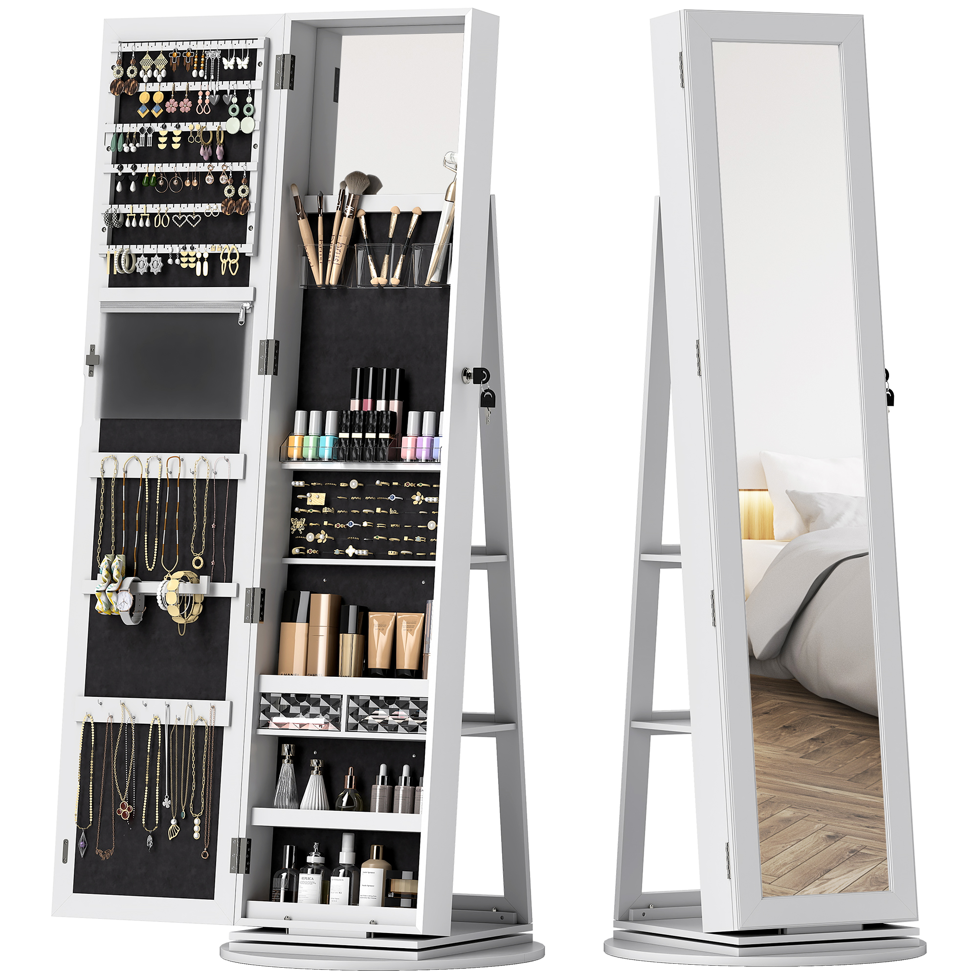 HOMCOM Schmuckschrank 3-in-1, 360° drehbarer Schmuckschrank mit Schlüsselverschluss, Ganzkörperspiegel mit 3 Rückenregalen und 2 Schubladen, 55x55x161 cm, Weiß Aosom