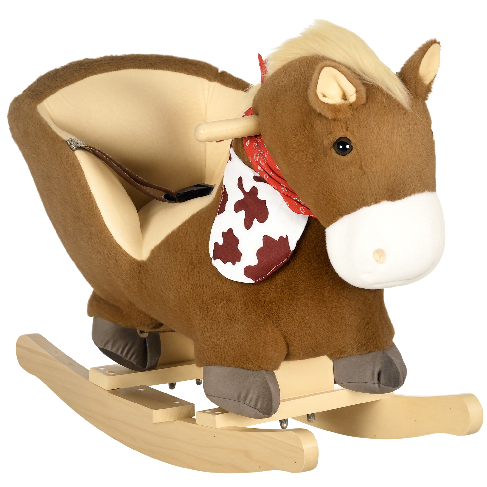 Image of HOMCOM Cavallo a Dondolo per Bambini da 18-36 Mesi con Suoni Realistici, 60x33x50 cm, Marrone e color Legno Aosom006
