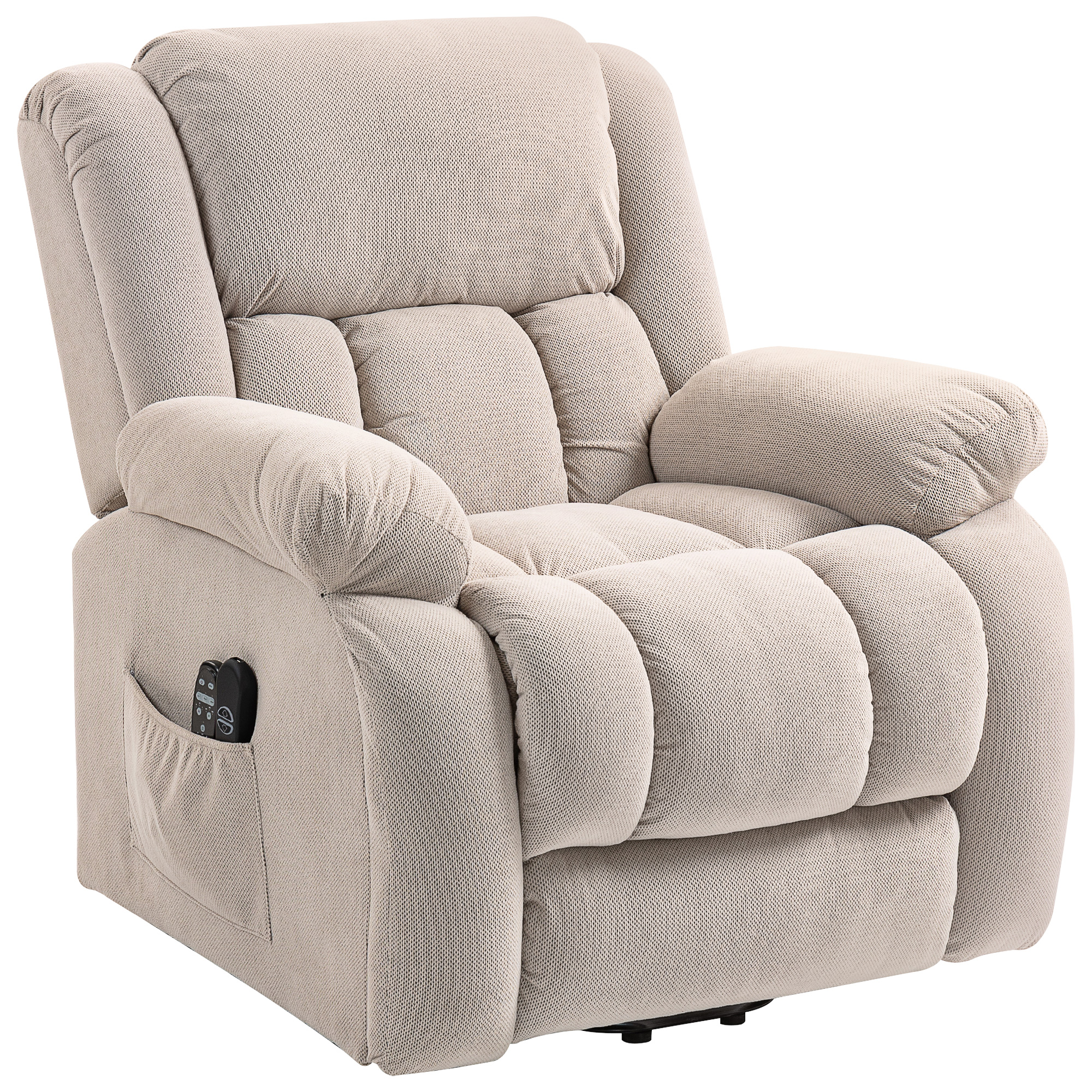 HOMCOM Elektrischer Aufstehsessel, 150° neigbarer Relaxsessel aus Stoff für Senioren mit 8 Massagepunkten, beheizt, USB-Port, 2 Fernbedienungen, Fußstütze, Seitentaschen, Beige Aosom
