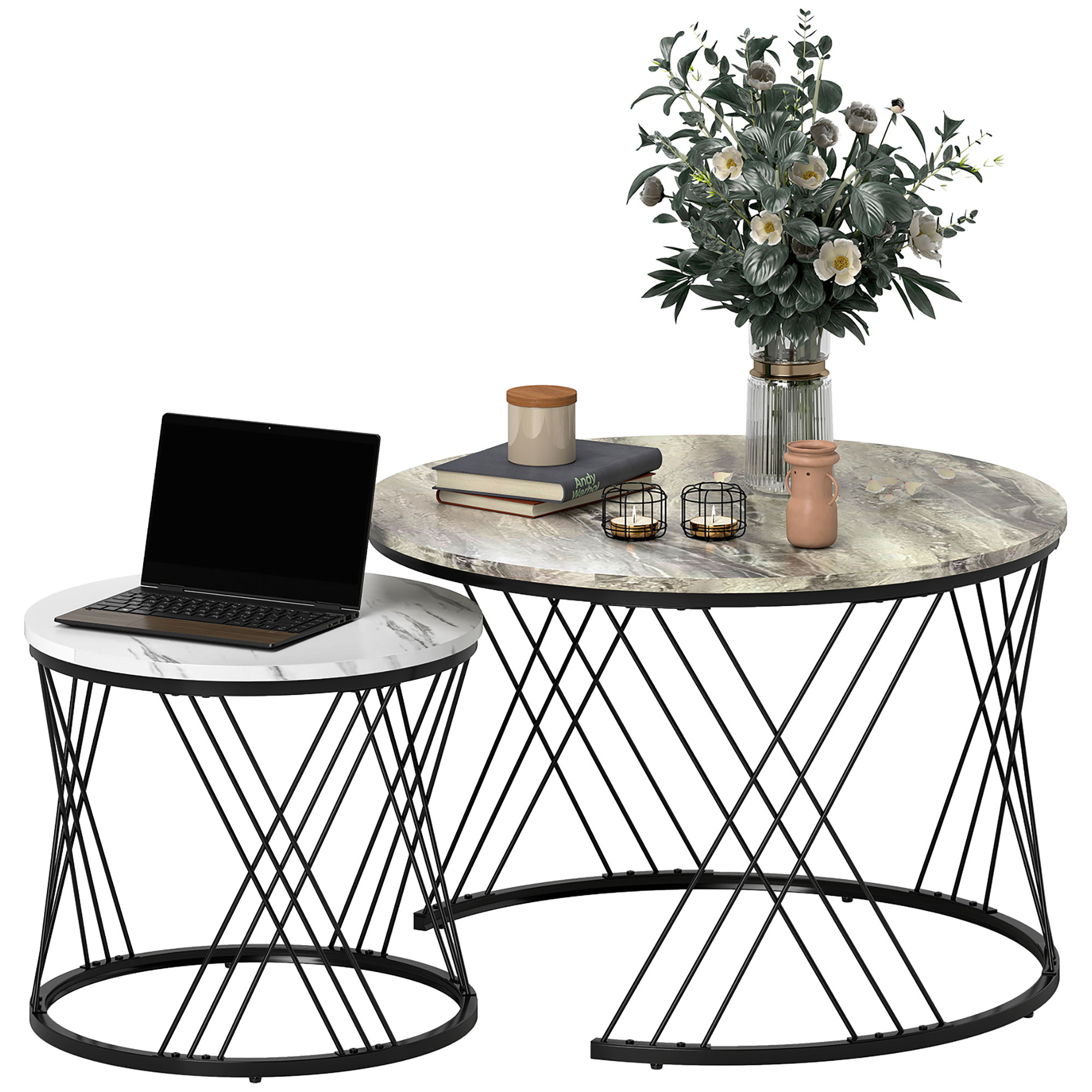 HOMCOM Set di 2 tavolini nidificati rotondi Ø 70/44,5 cm con piano effetto marmo e piedi in metallo, grigio e bianco   Aosom Italy