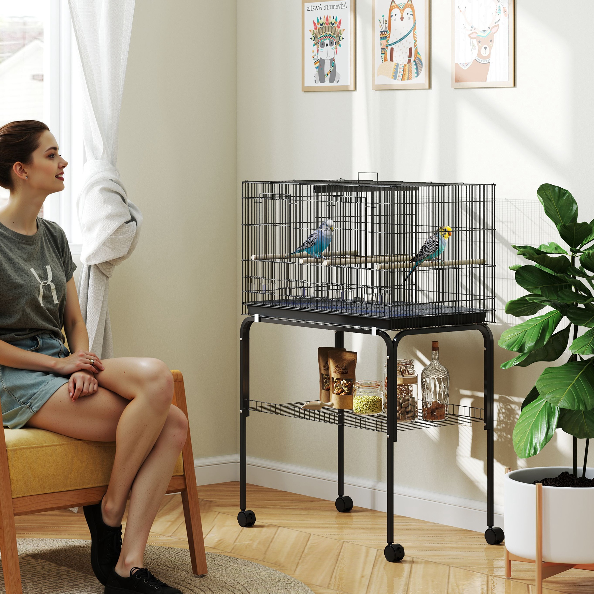 PawHut Bird Cage with Divider, 4 Wooden Perches, Slide Out Tray, 4 Feeders, for Budgie, Lovebird, Canary, 76 x 46 x 46cm, White