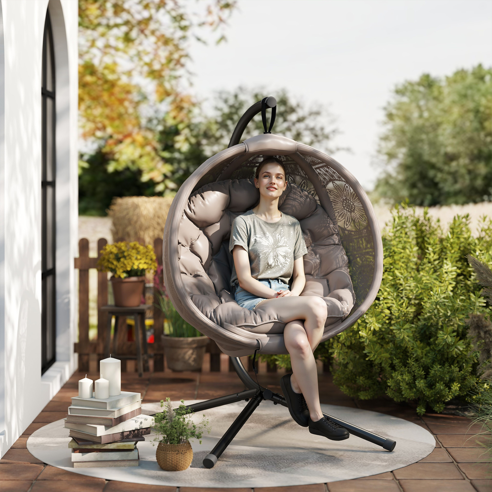 Outsunny Round Egg Basket Chair, with Steel Stand, Sand 2