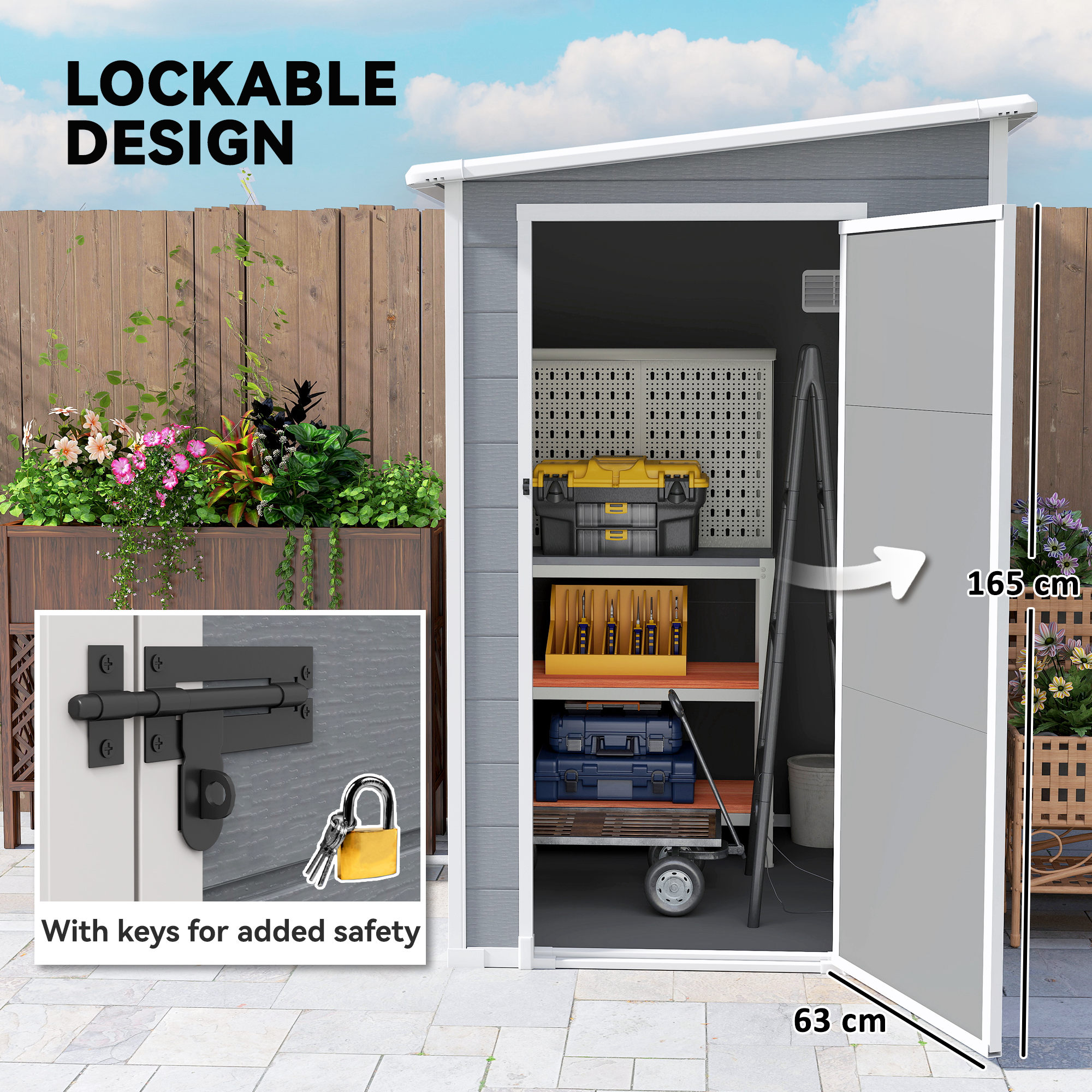 Outsunny 4'x5' Garden Storage Shed, Lean to Shed, Lockable Garden Shed with Window, Vent and Plastic Roof, Grey 7