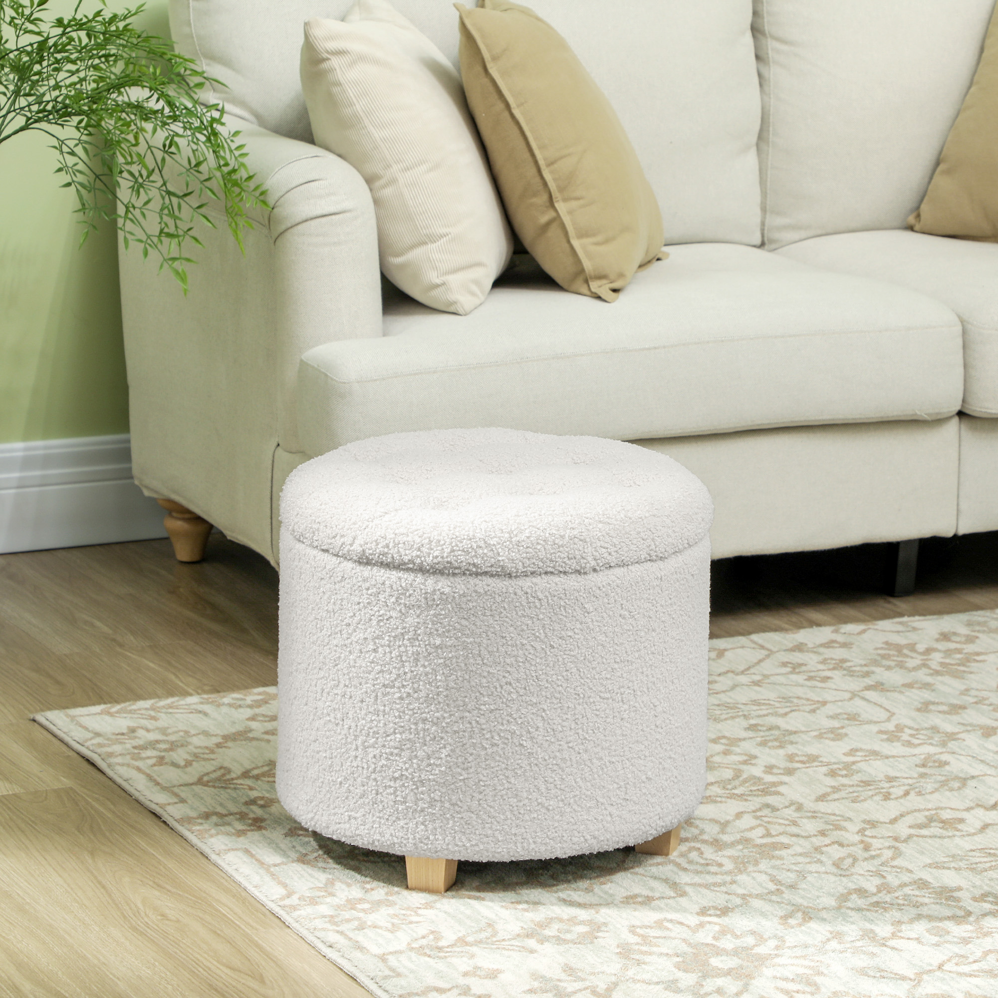 COSTWAY Pouf Rotondo con Contenitore e Vassoio, Poggiapiedi Imbottito