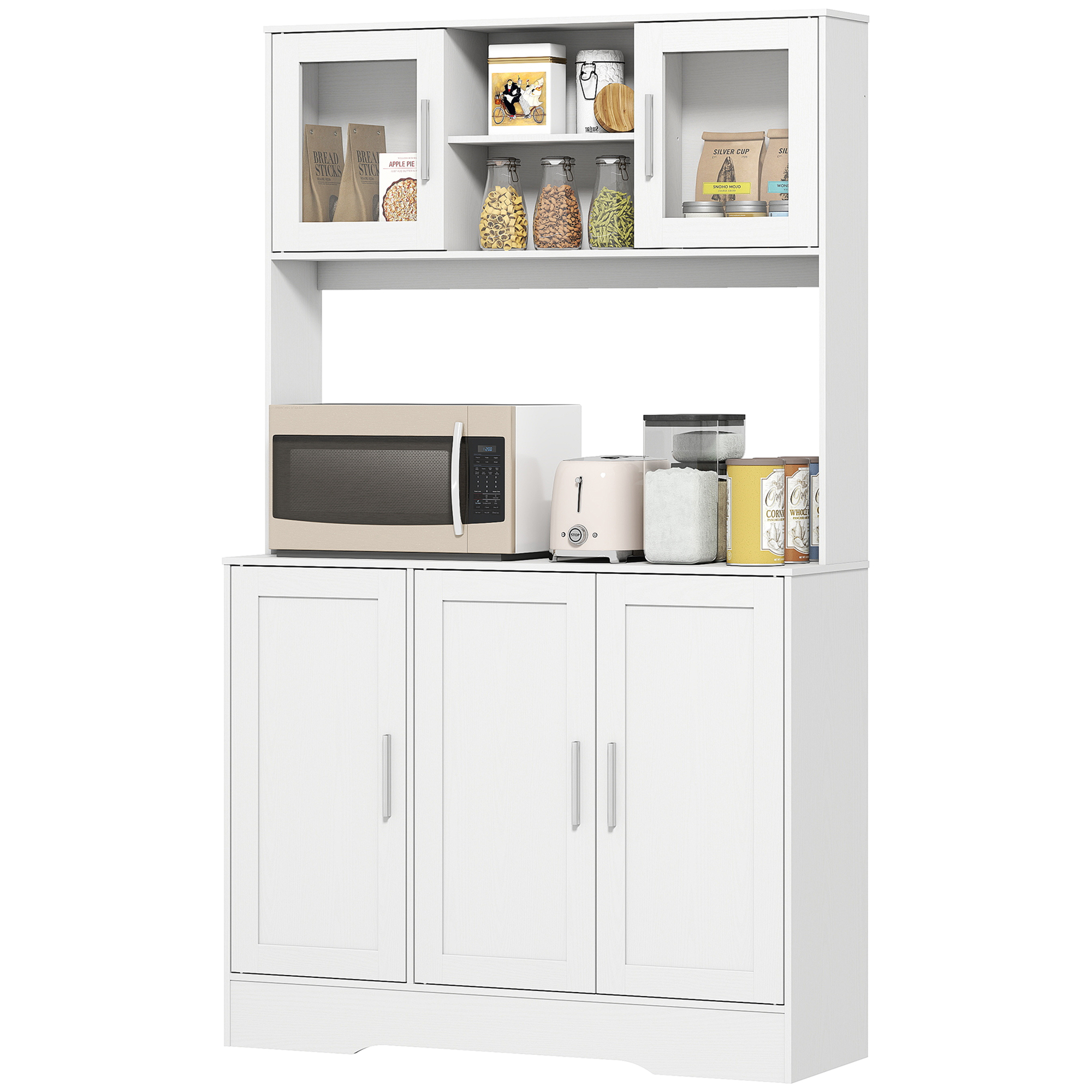HOMCOM Armoire de cuisine scandinave avec placards, compartiments ouverts, portes vitrées et plan de travail, blanc