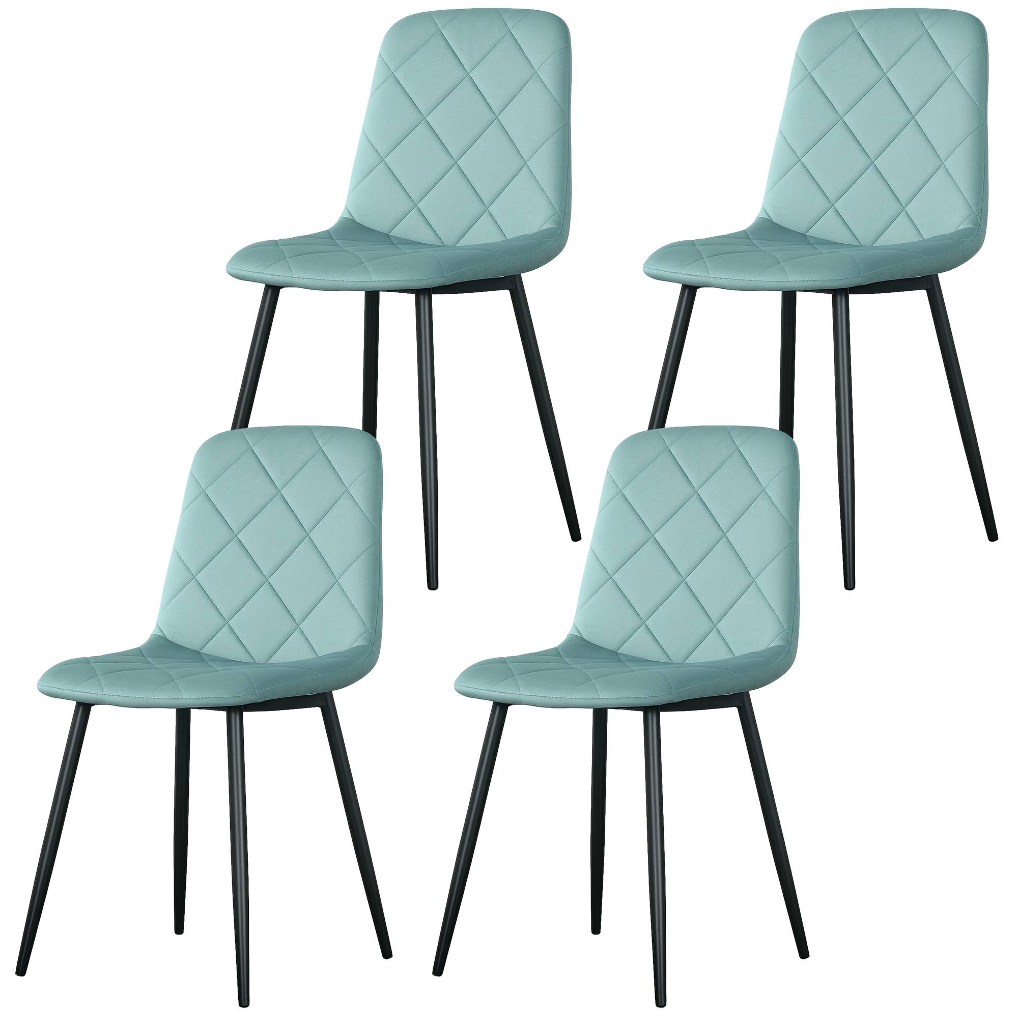 HOMCOM Lot de 4 chaises de salle à manger rembourrées avec dossier haut, pieds en acier et tissu effet velours, vert