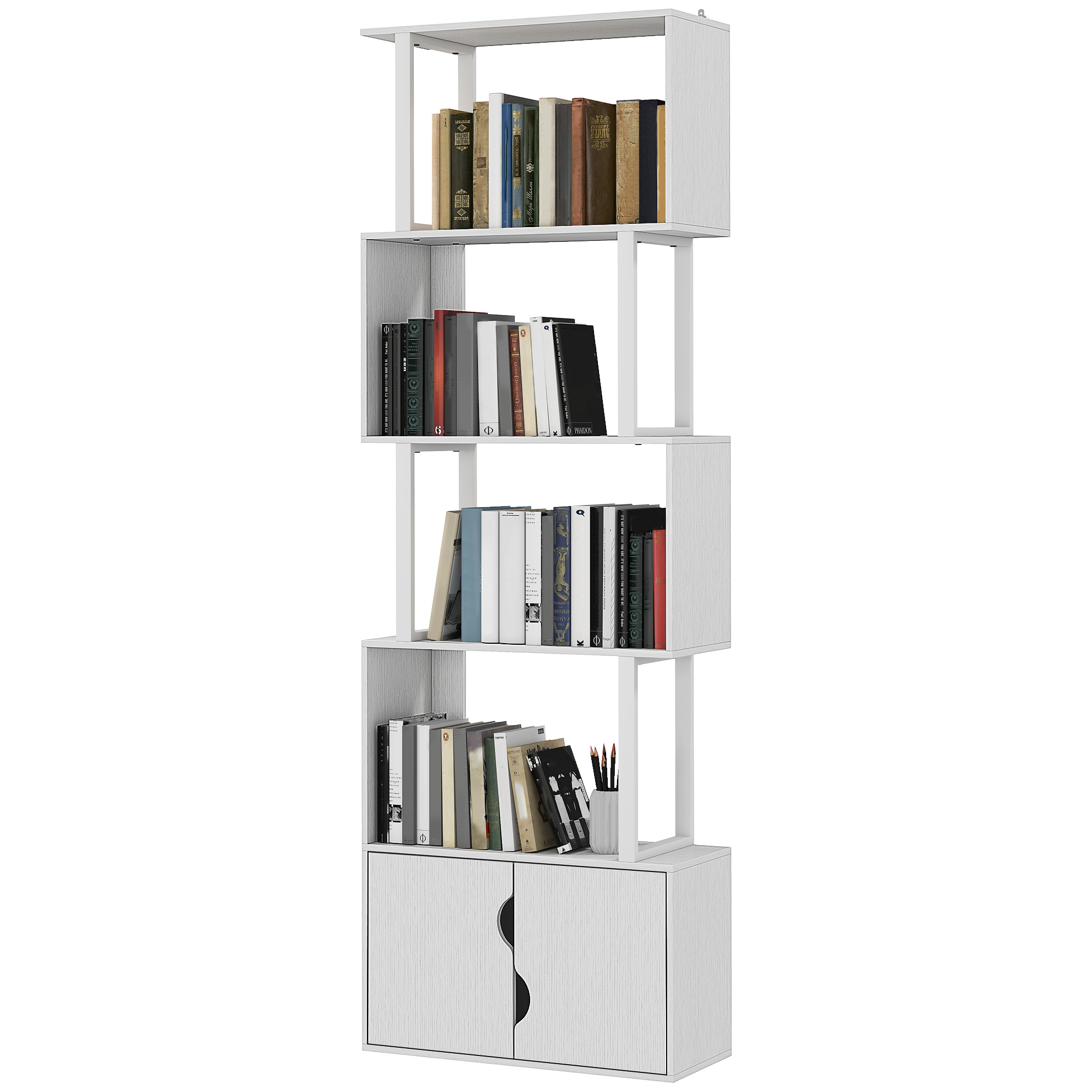 HOMCOM 5-stufiges Bücherregal, Aufbewahrungsmöbel in S-Form mit Regalen und doppeltem Türschrank, Aufbewahrungsregal für Wohnzimmer, Schlafzimmer, Büro, 60 x 23,8 x 179,2 cm, Weiß Aosom
