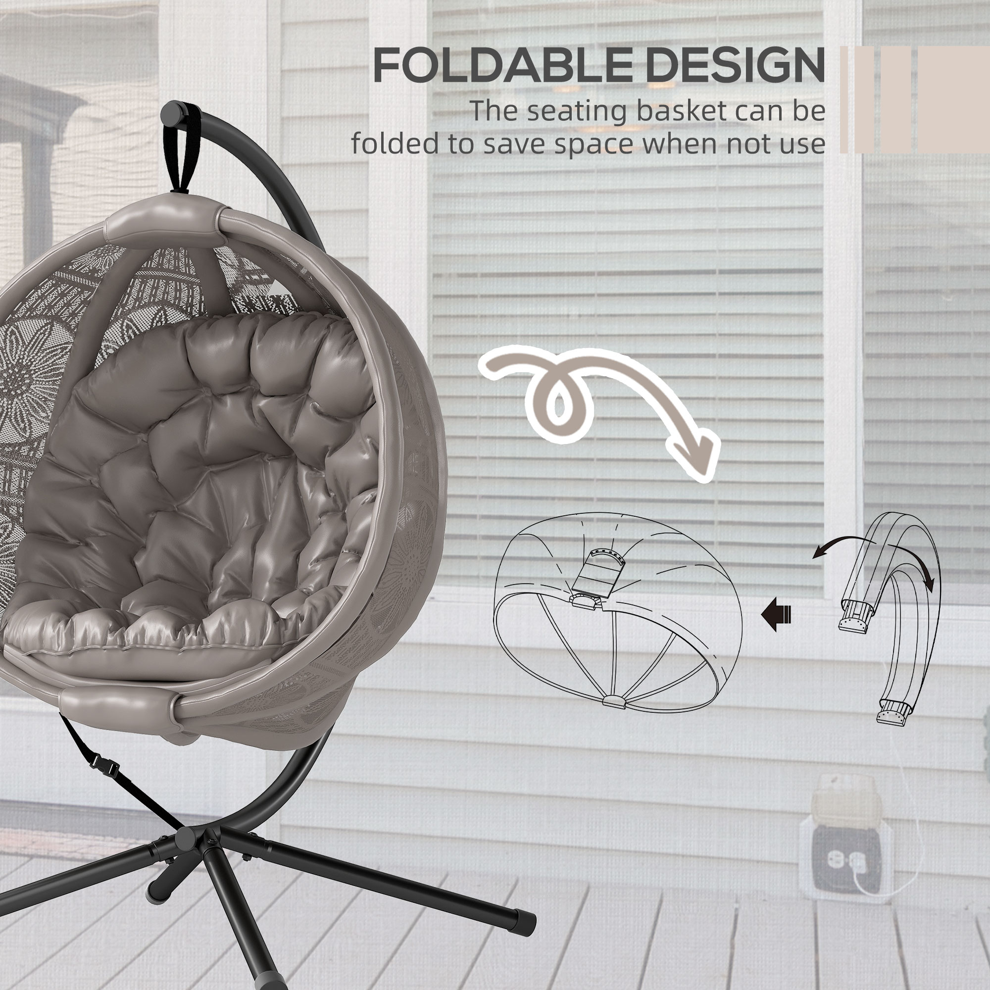 Outsunny Round Egg Basket Chair, with Steel Stand, Sand 6