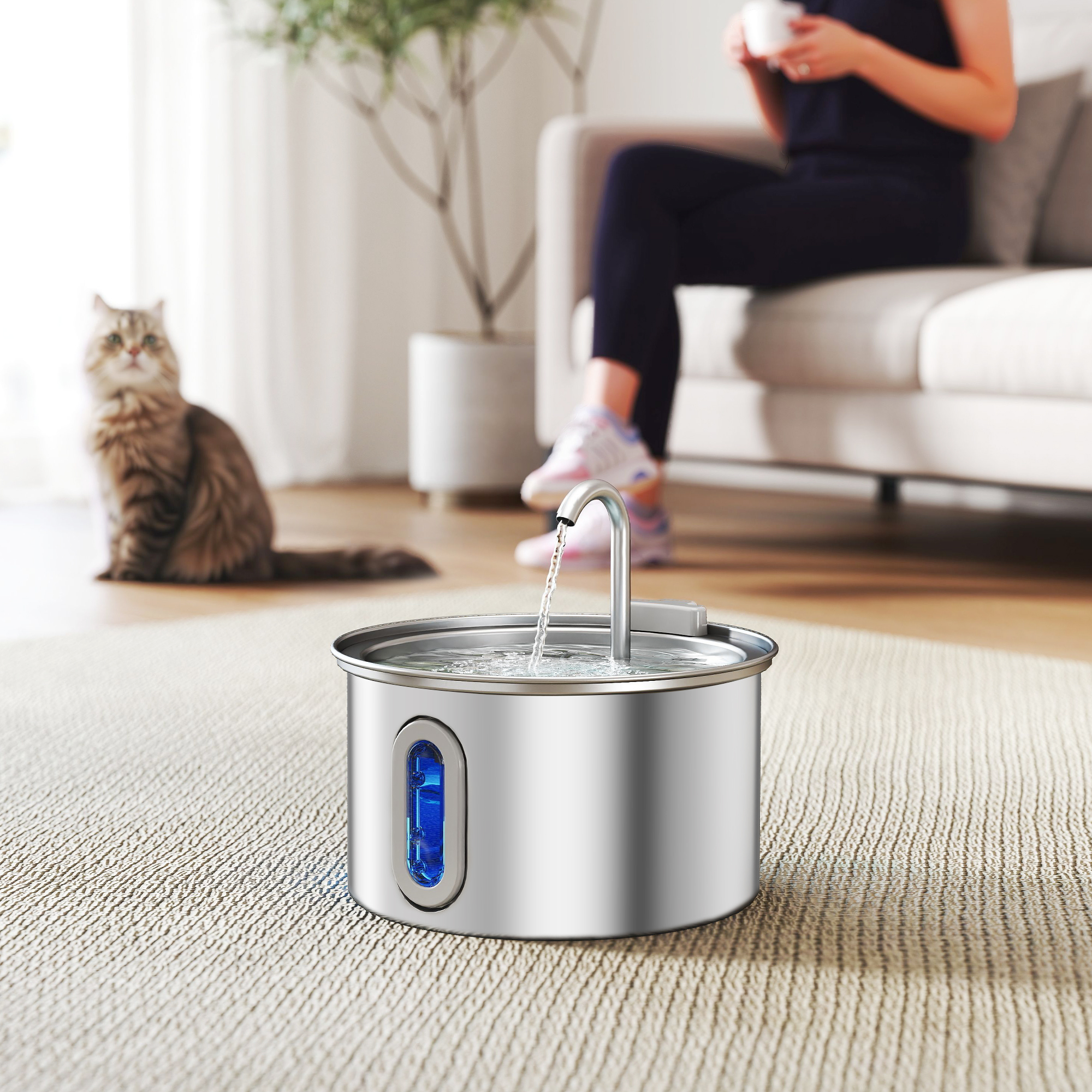 PawHut 3.2L Cat Water Fountain for Drinking, Cat Fountain Stainless Steel with Visible Water-Level Window, Ultra-Silent Pump