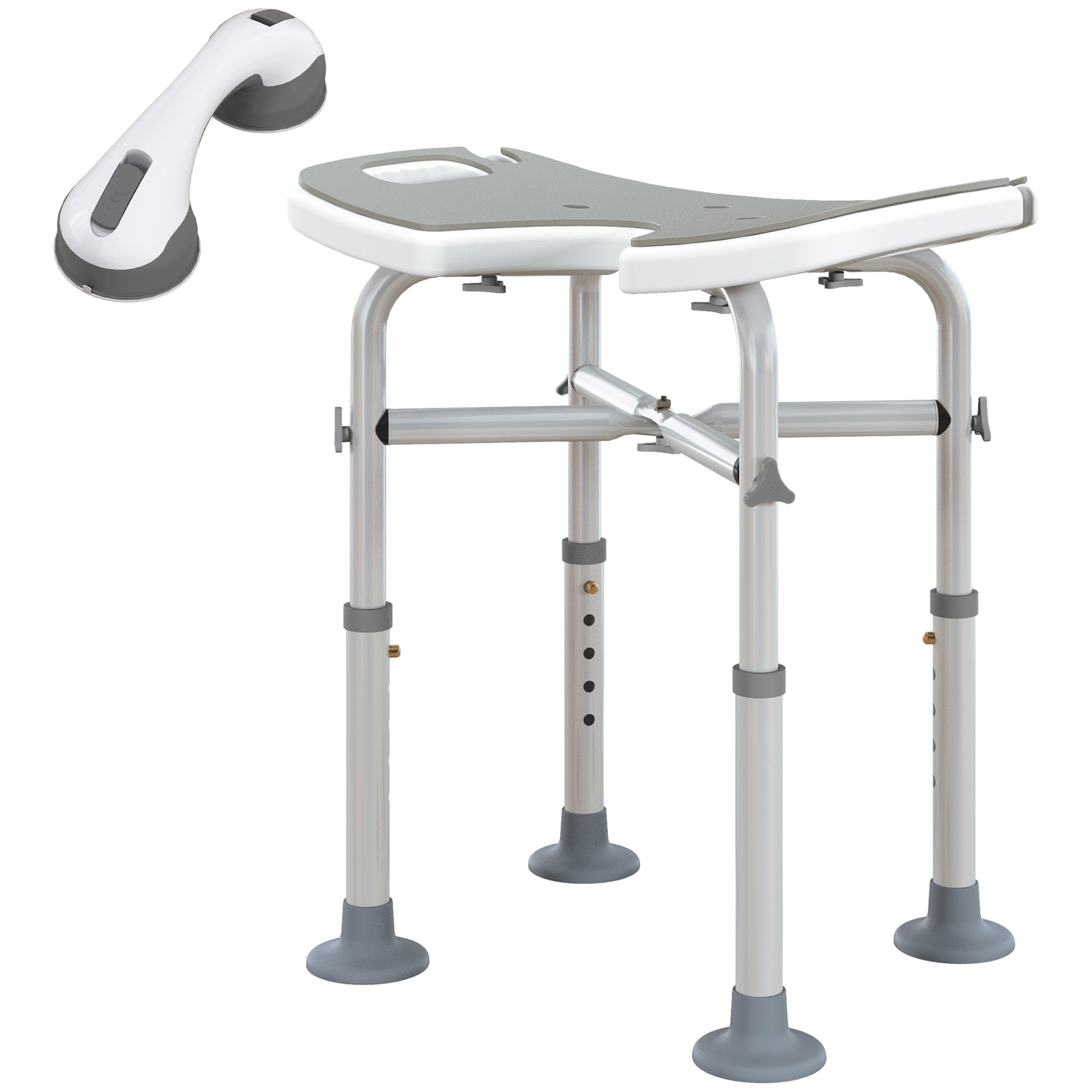 HOMCOM Tabouret de douche siège de douche hauteur ajustable 39-51,5 cm barre d'appui à ventouse patins à ventouse gris