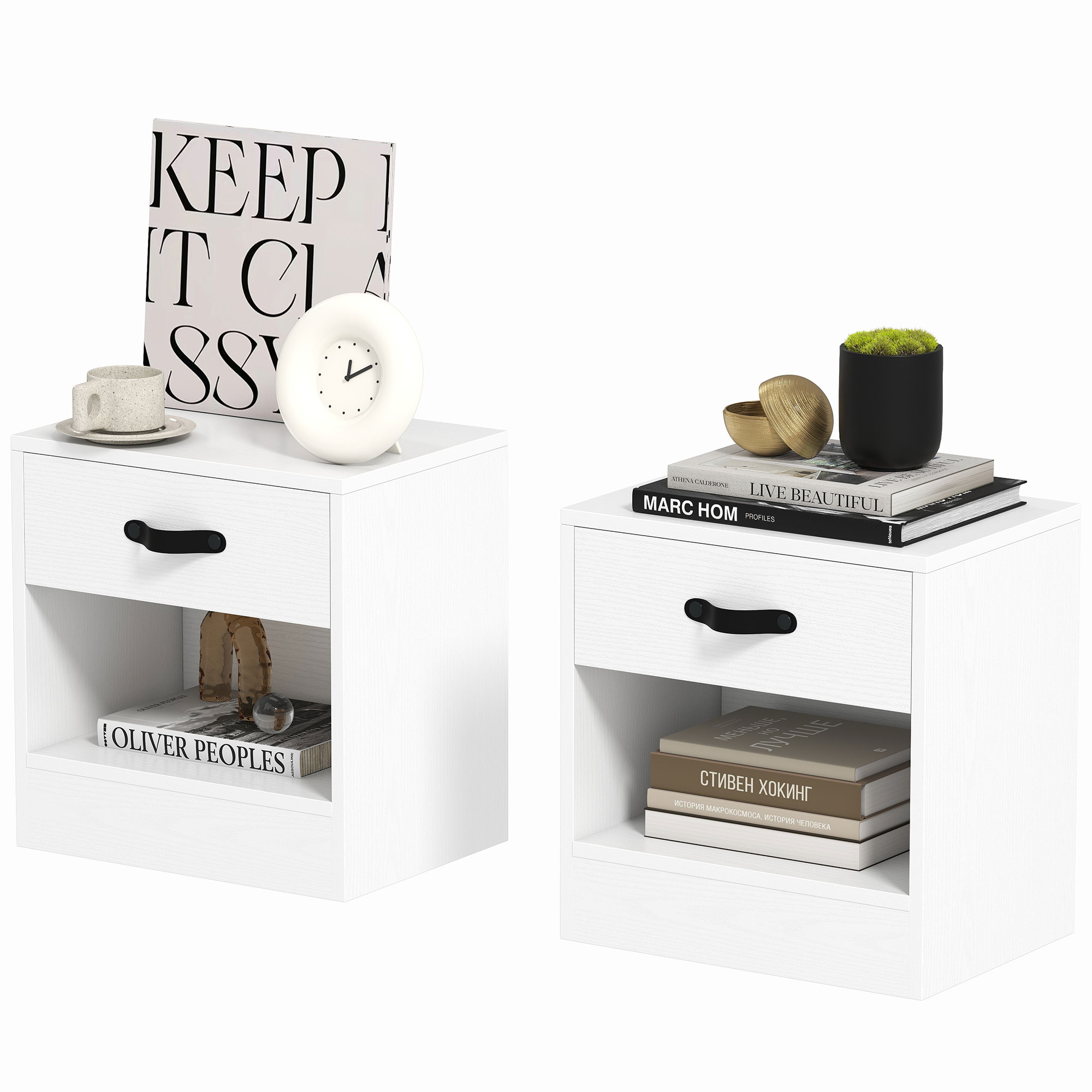 HOMCOM Pack de 2 Tables de Chevet avec Tiroir et Compartiment Ouvert pour Salon 39x28x41 cm Blanc