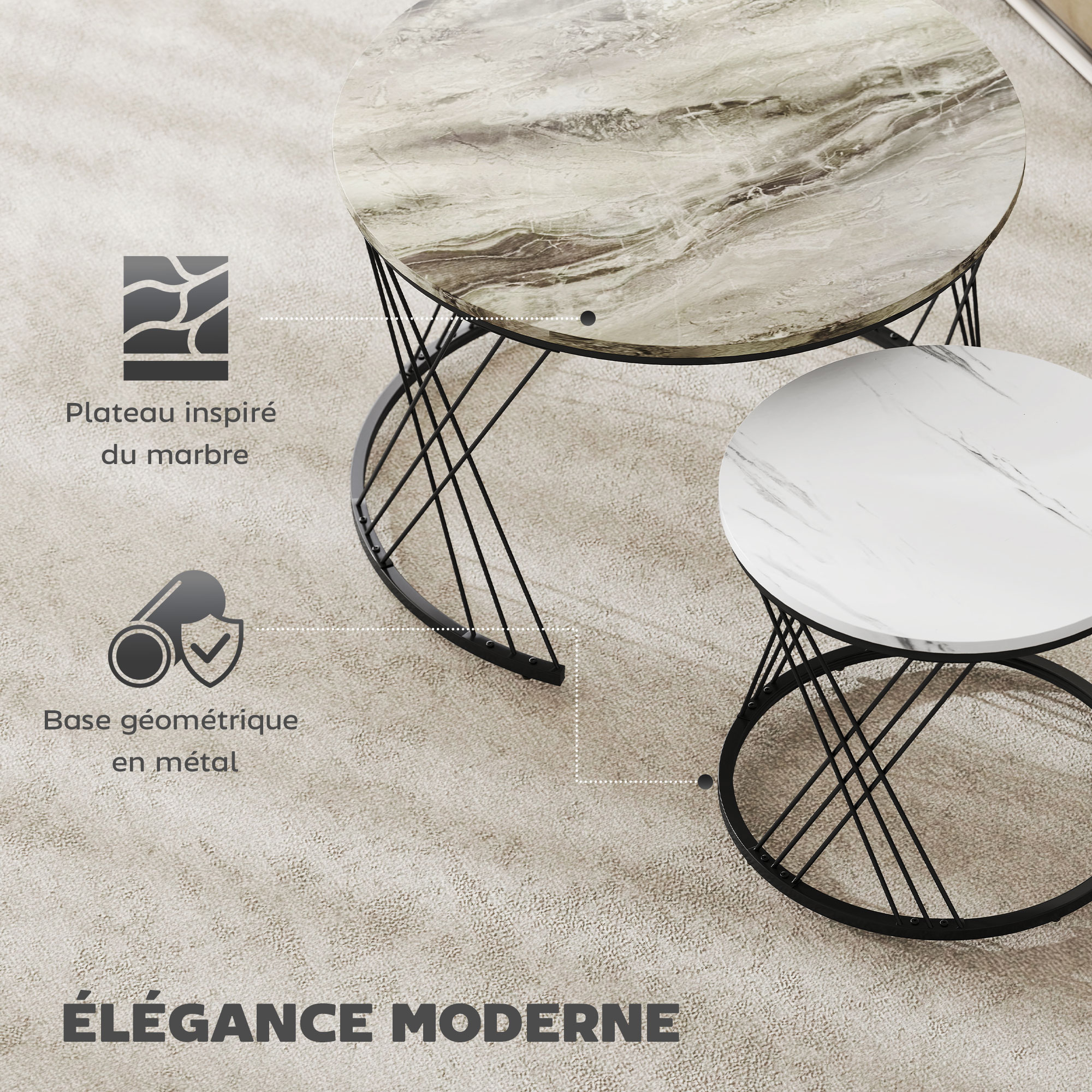Lot de 2 table basse gigogne, table basse ronde avec motif marbre