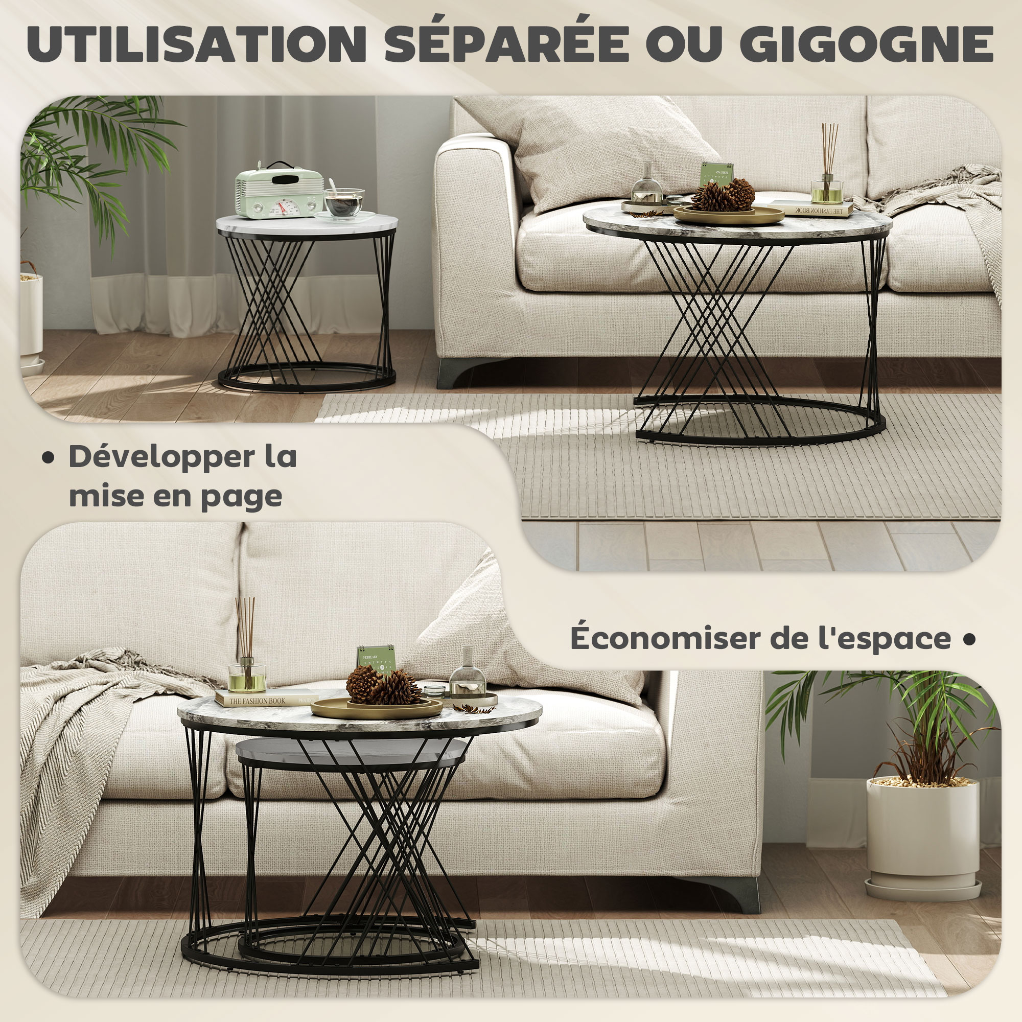 Tables basses gigognes rondes - ensemble 2 pièces haut brillant avec plateau effet marbre et structure en mdf laqué - design moderne - 70x70x48 50x50x42 cm - blanc
