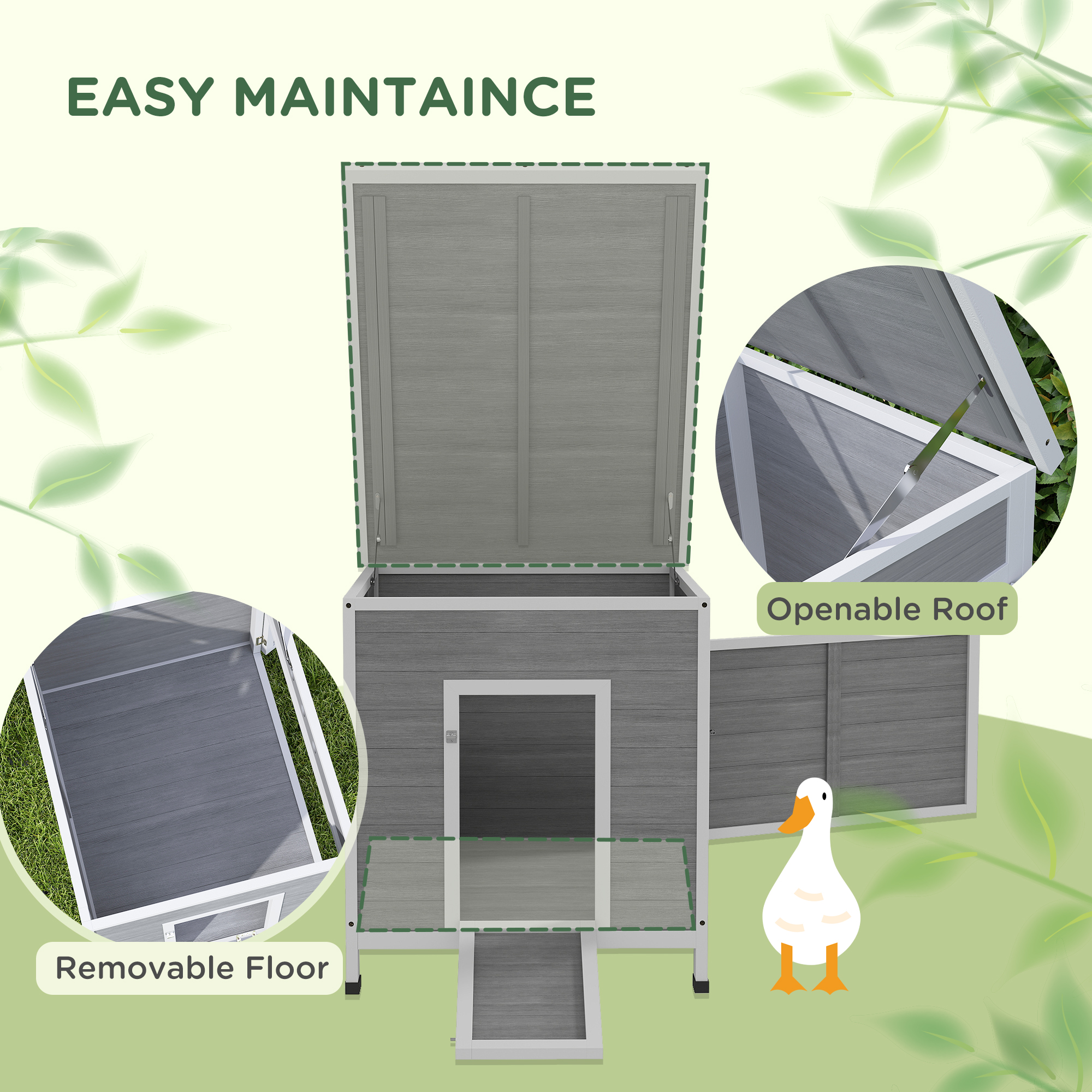 PawHut Wooden Duck House with Ramp, Double Doors, Openable Asphalt Roof, Ventilation Holes, Removable Base, Light Grey 4