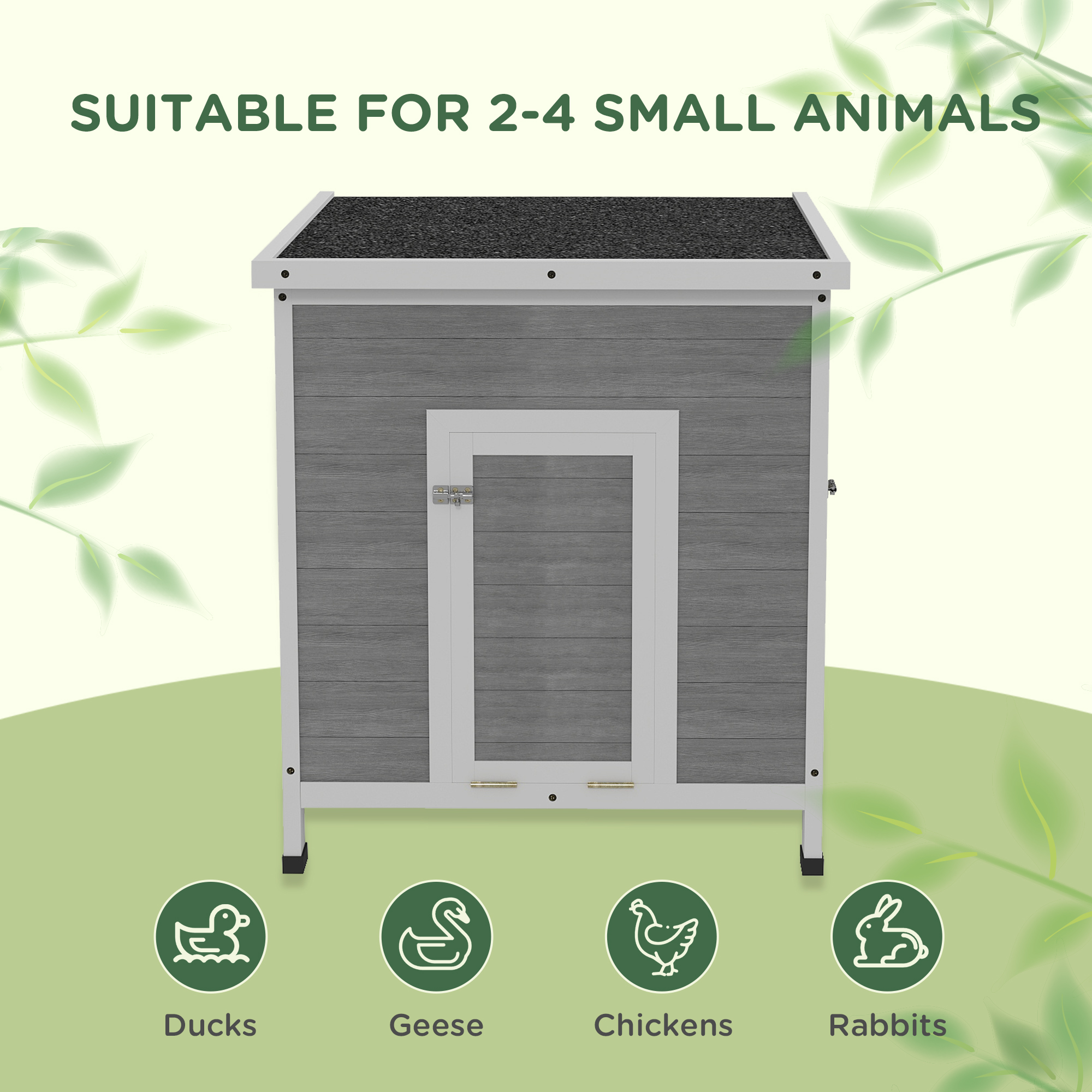 PawHut Wooden Duck House with Ramp, Double Doors, Openable Asphalt Roof, Ventilation Holes, Removable Base, Light Grey 7