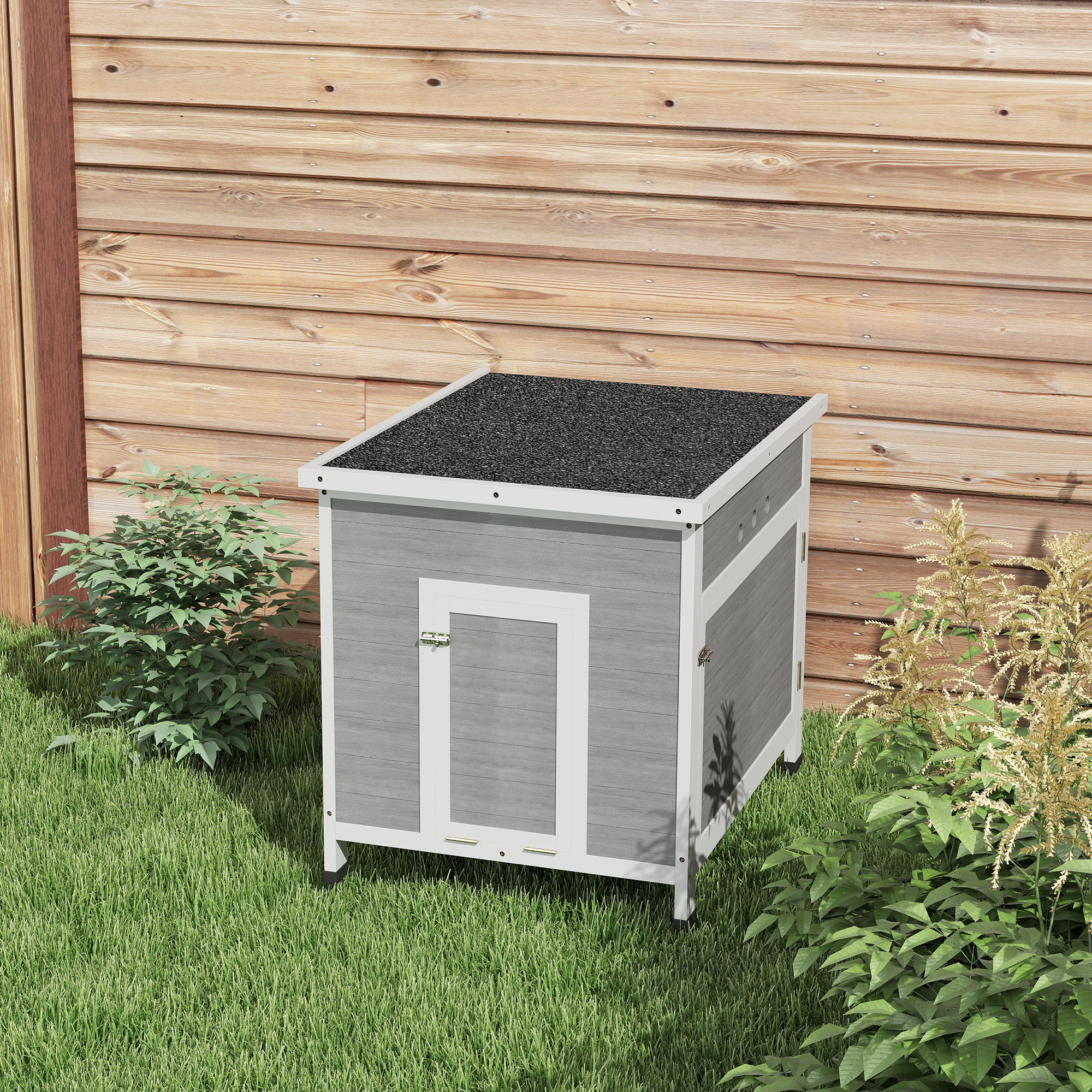 PawHut Wooden Duck House with Ramp, Double Doors, Openable Asphalt Roof, Ventilation Holes, Removable Base, Light Grey 9