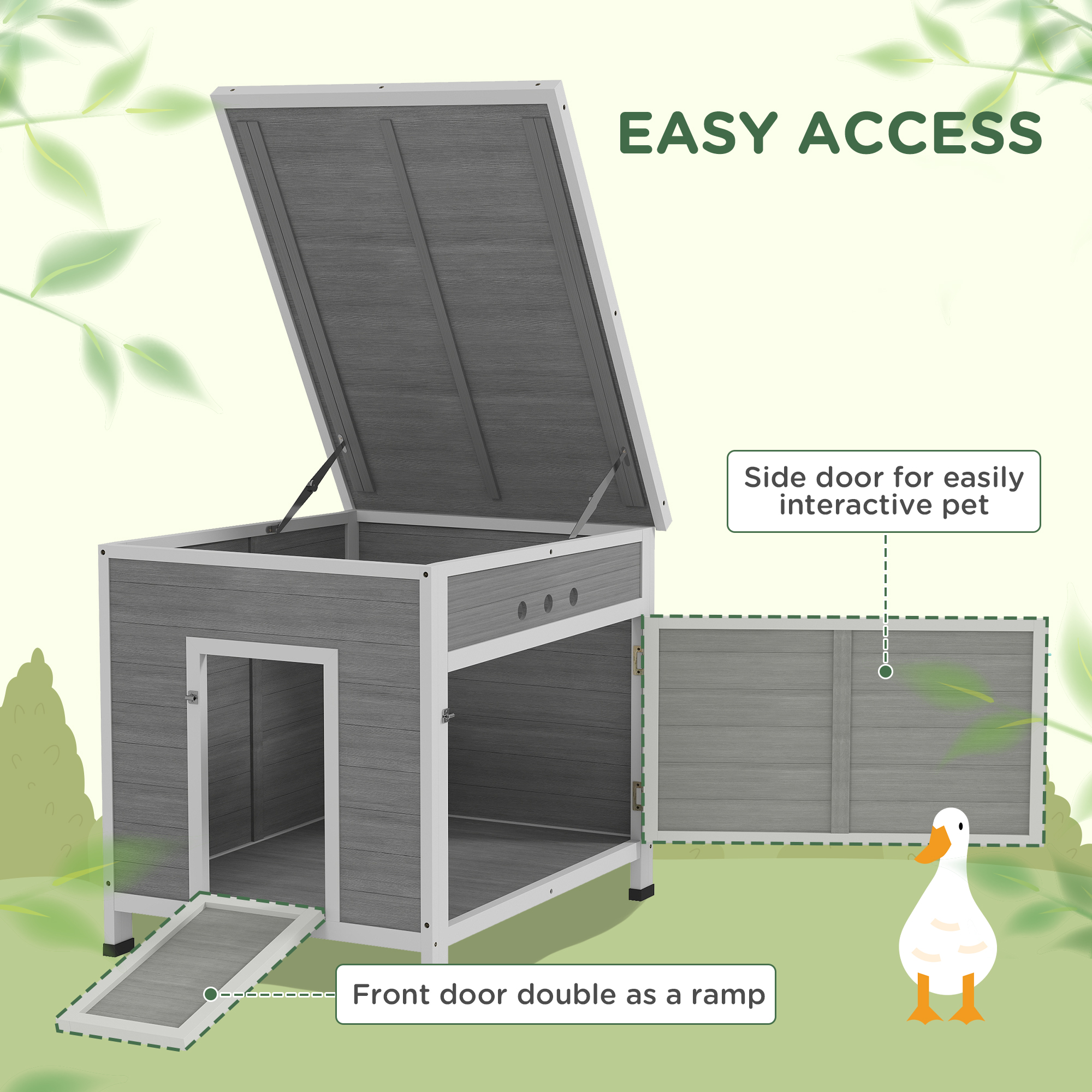 PawHut Wooden Duck House with Ramp, Double Doors, Openable Asphalt Roof, Ventilation Holes, Removable Base, Light Grey 6